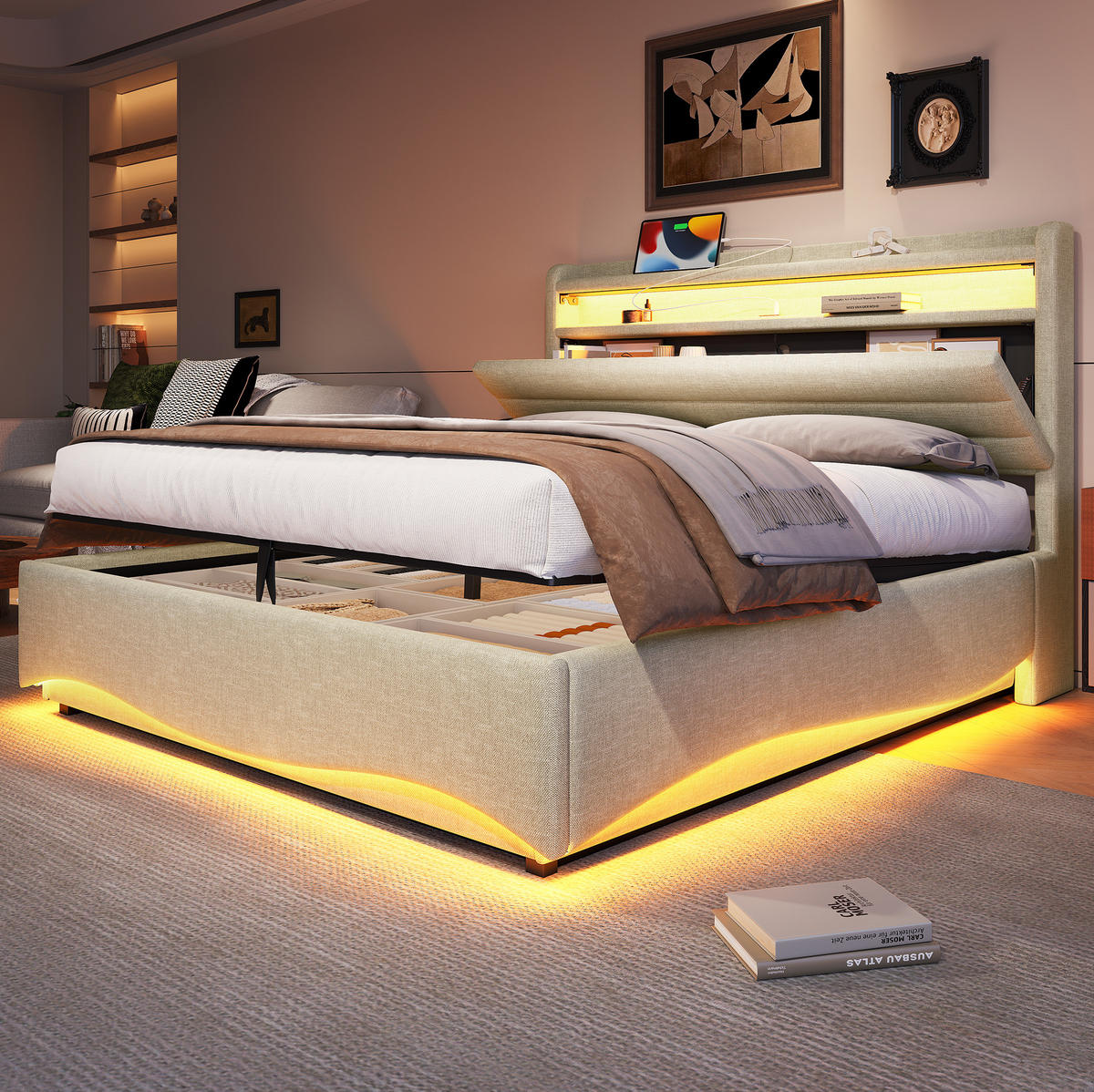 POLSTERBETT 140/200 cm grau aus Leinen mit LED und Stauraum - Grau, Textil (140/200cm) - OKWISH