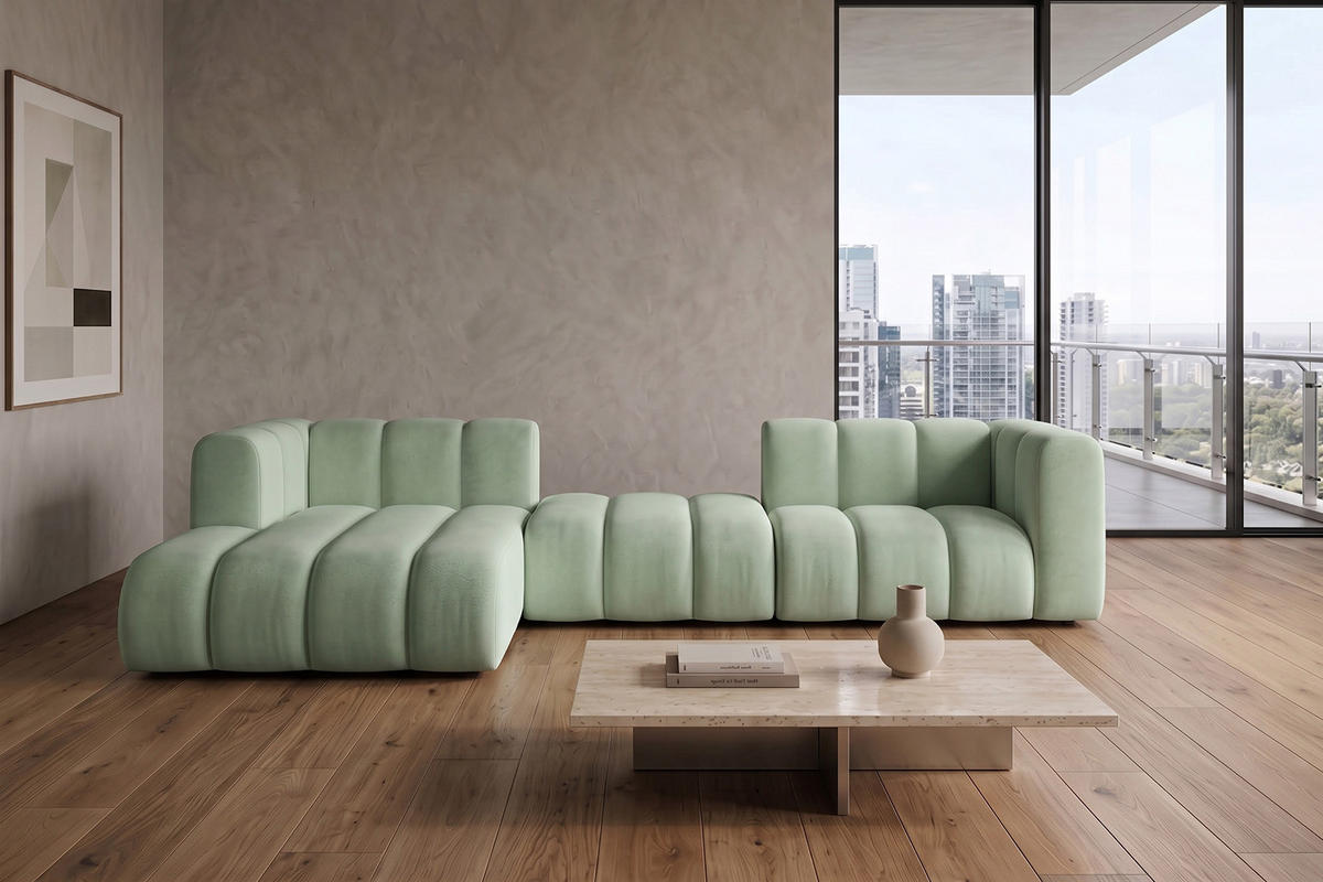 ECKSOFA Modulares In L-Form, Velvet-Stoff Riviera, Mintz, Links, GRAND 319 cm - Mintgrün, Holz (319/175cm) - Kaiser Möbel