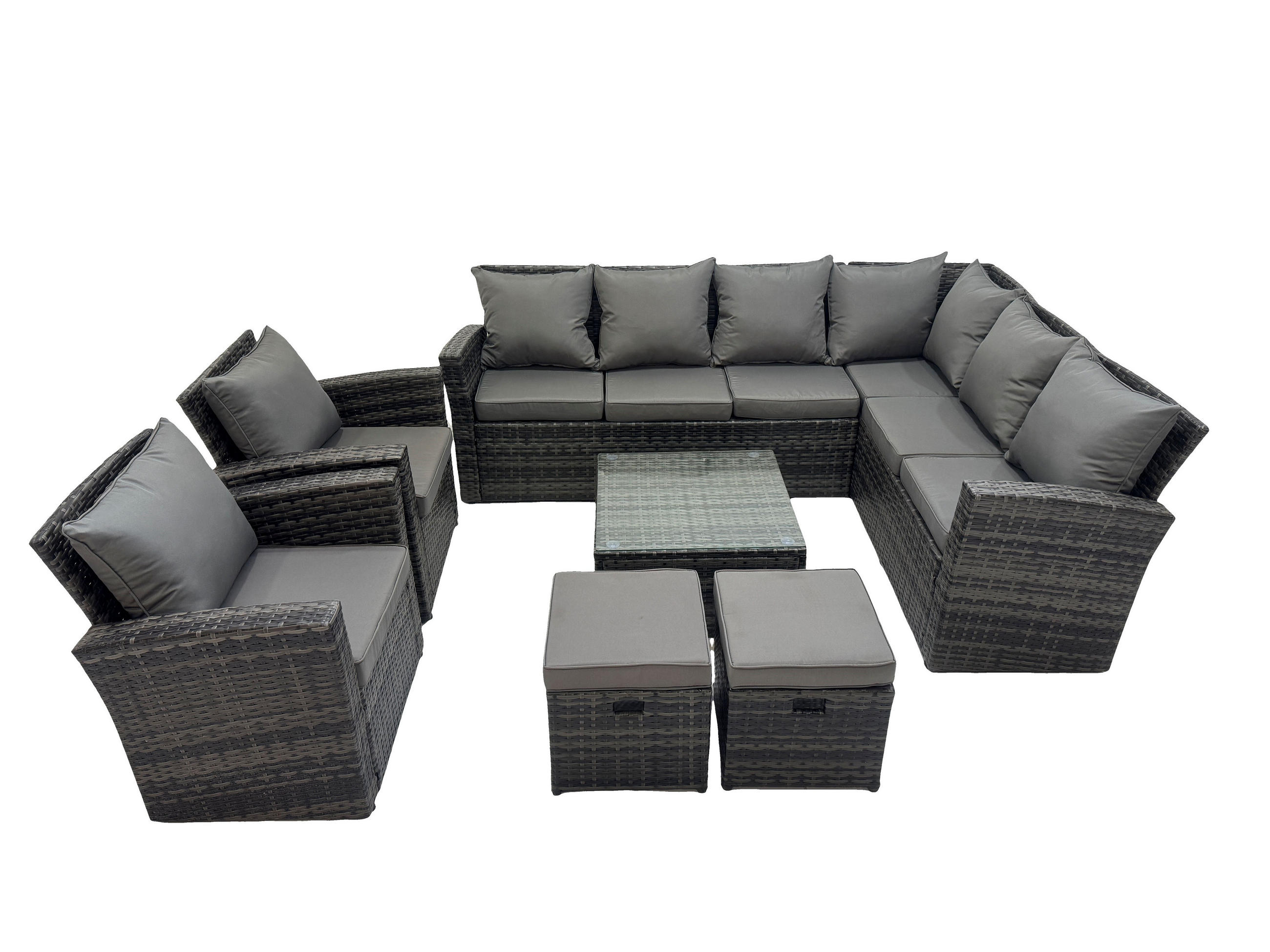 LOUNGEGARNITUR mit Couchtisch Sofa Polyrattan Dunkelgrau 10-Sitzer - Dunkelgrau/Grau, Glas/Kunststoff - Fimous