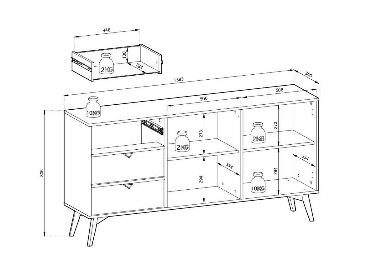 KOMMODE Silva 158 cm in der Farbe Eukalyptus + Scandi-Fischgrätmuster mit Türen und Schubladen - Goldfarben/Grün, Holz/Holzwerkstoff (158/81/38cm) - Ravio