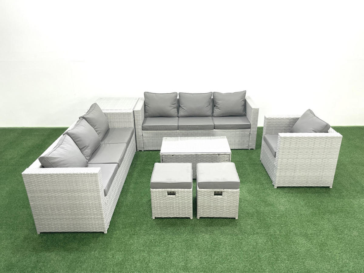 GARTENGARNITUR mit 3-SITZER SOFA,COUCHTISCH Polyrattan Hellgrau-Mix 9-Sitzer - Hellgrau/Grau, Glas/Kunststoff - Fimous