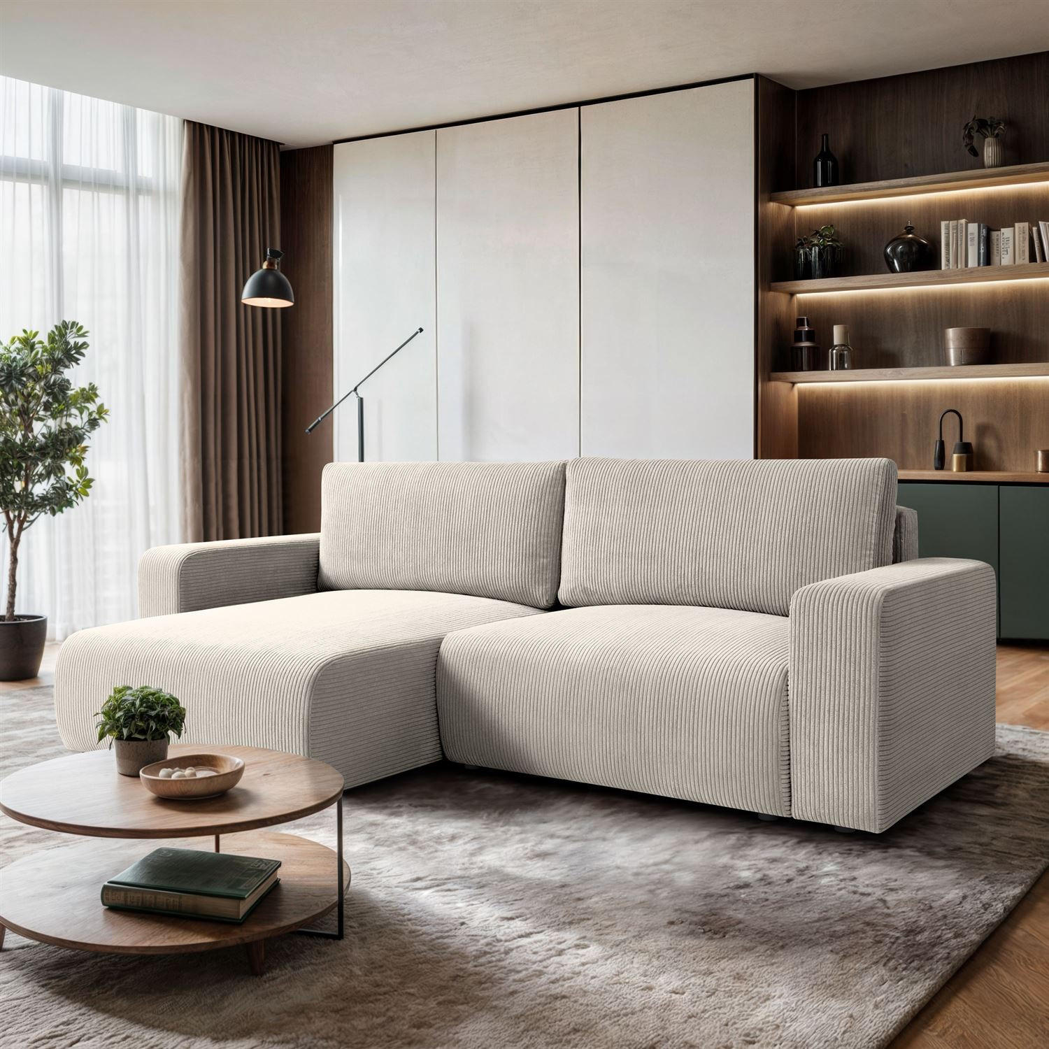 ECKSOFA OPERA L-Form mit Schlaffunktion und Bettkasten, Poso 100 - Ecru, Textil (247/143cm) - Lookway