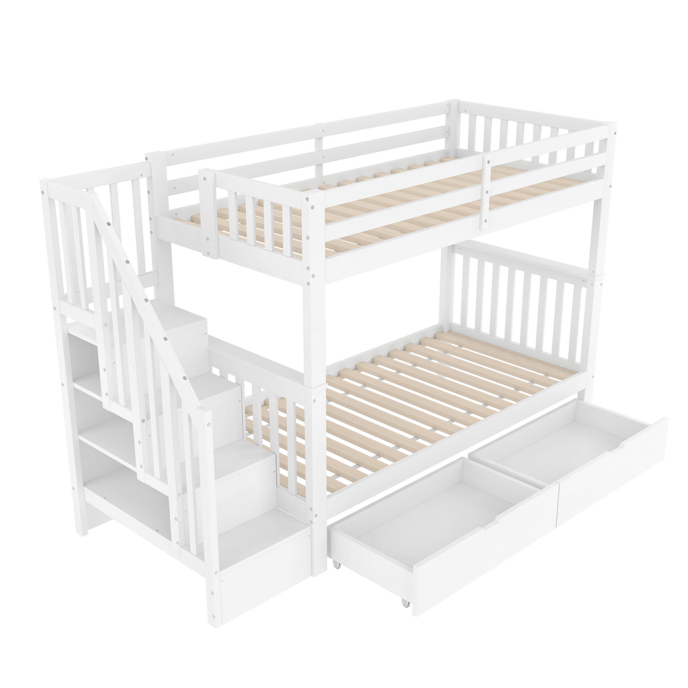 ETAGENBETT 90/200 cm DE-04791, mit Treppenregal, 2 Schubladen und hohen Geländern in Weiß - Weiß, Holz/Holzwerkstoff (90/200cm) - ComfortXL