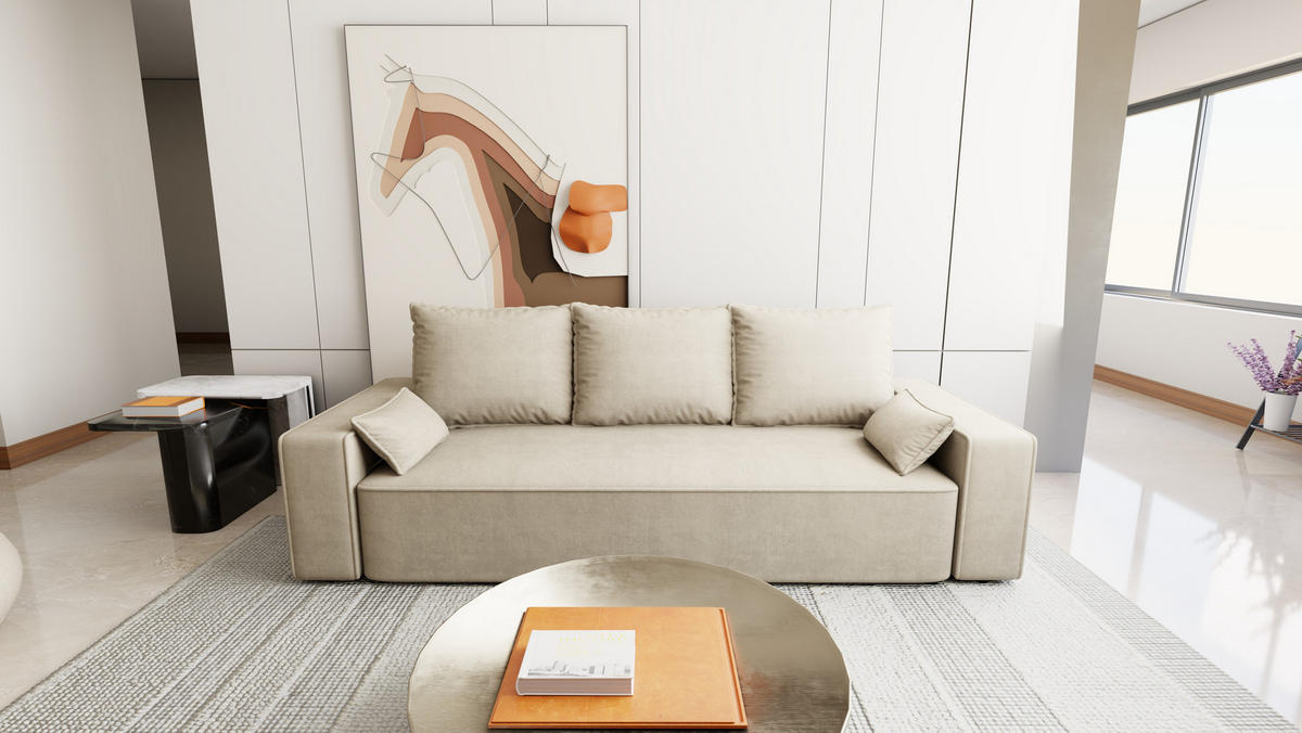 SOFA Veno mit Bettkasten und Schlaffunktion, Velourstoff - Beige, Holzwerkstoff (242/85/95cm)