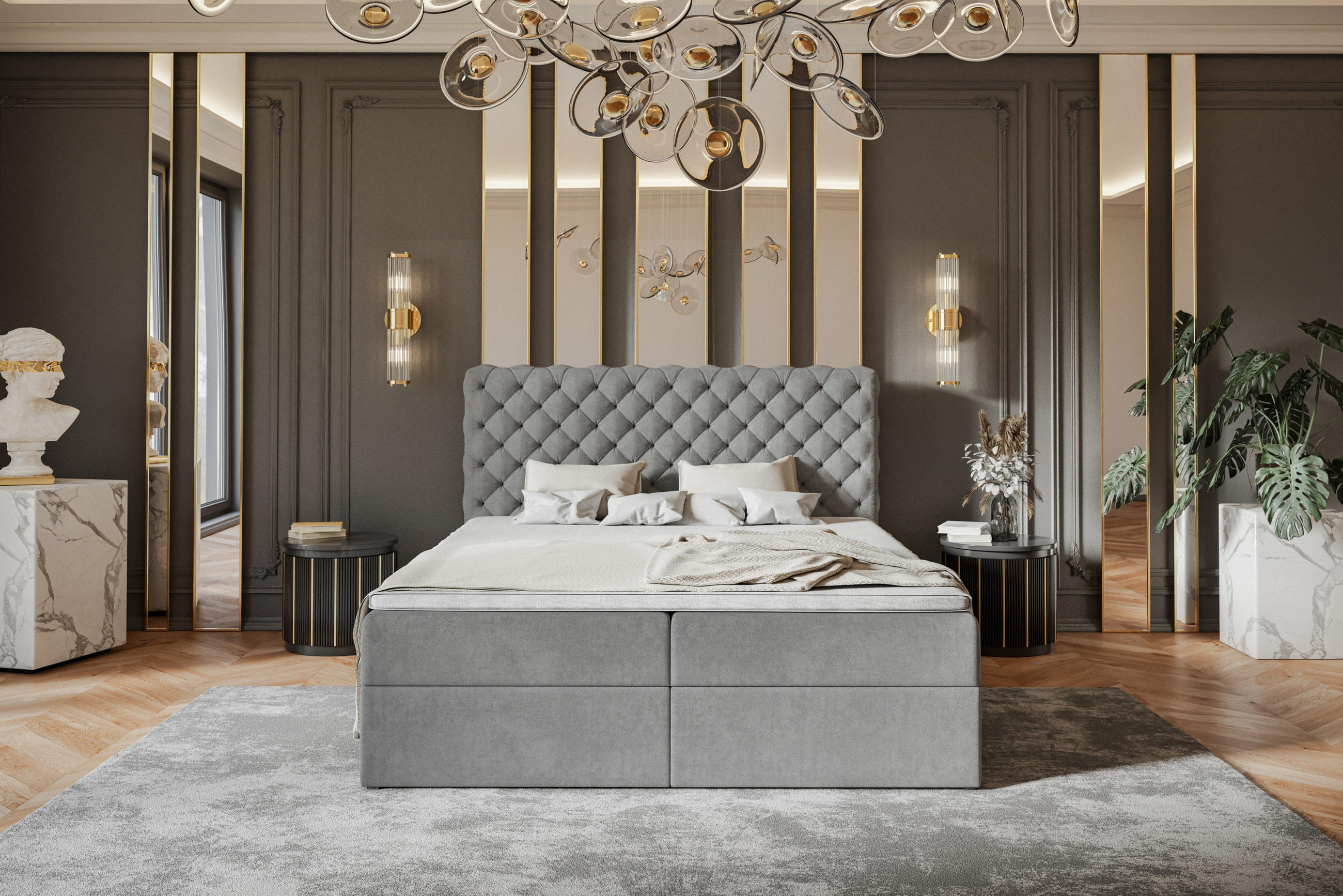 BOXBETT MIAMI mit 2 Bettkästen, 140x200, Farbe: Grau, Velourstoff, Doppelbett mit Bonell-Matratze - Grau, Holz/Kunststoff (140/200cm) - Alpi-Möbel