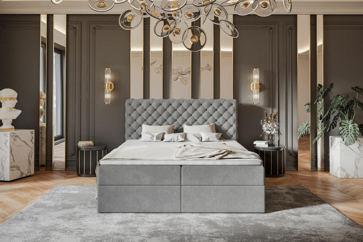 BOXBETT MIAMI mit 2 Bettkästen, 120x200, Farbe: Grau, Velourstoff, Doppelbett mit Bonell-Matratze - Grau, Holz/Kunststoff (120/200cm) - Alpi-Möbel