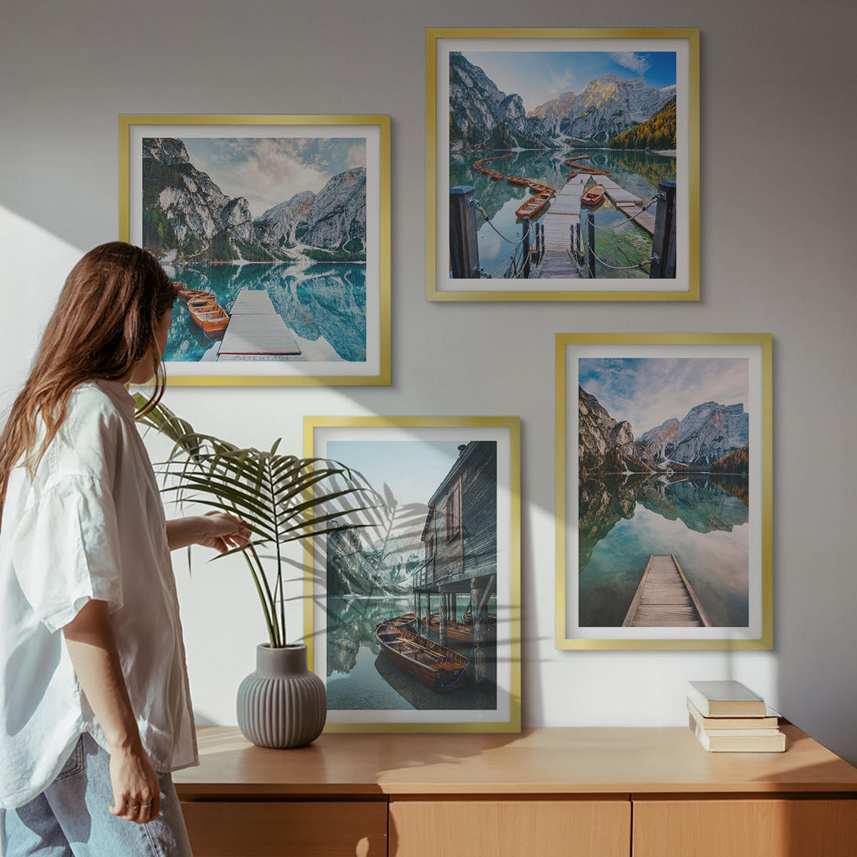 WANDBILDER 4er Set - 50x50 cm & 40x60 cm Goldrahmen - See Berge Holzboote - Goldfarben, Kunststoff (50/50cm) - ArtPrintCave