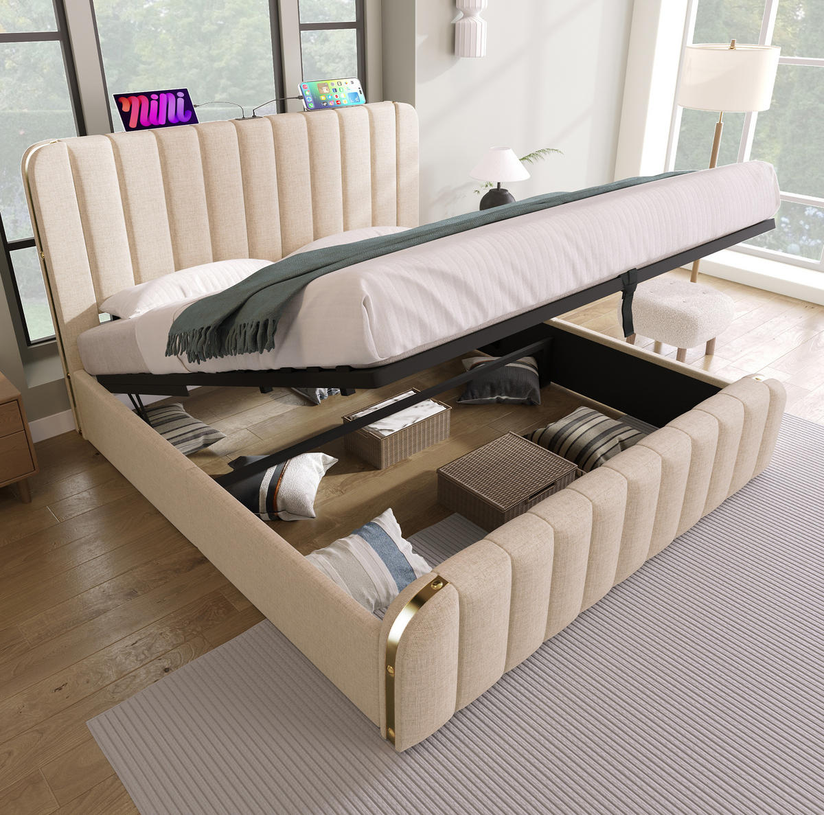 POLSTERBETT 140/200 cm mit hydraulischem Bettkasten, USB/Typ-C am Kopfteil, Beige - Beige, Textil (140/200cm) - Redom