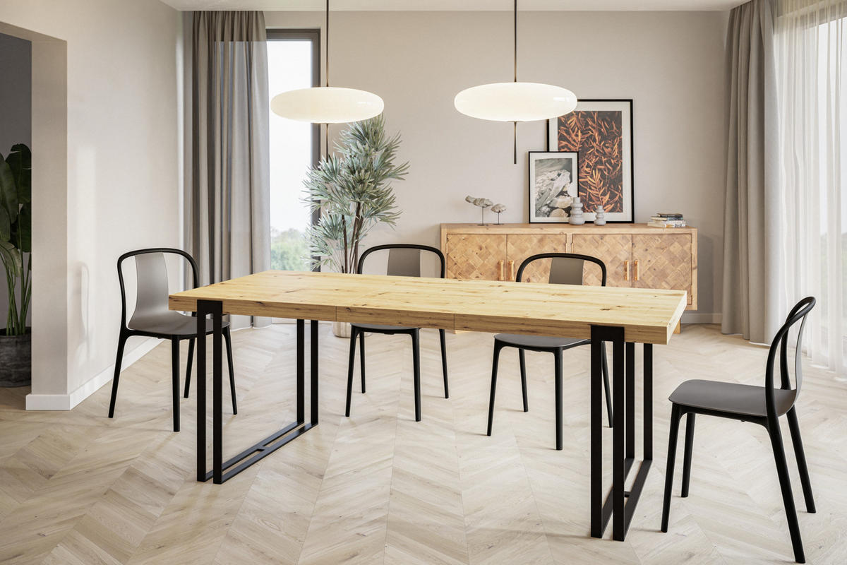 ESSZIMMERTISCH ROSA, ausziehbarer Tisch 180-280X90X77 cm, Farbe: ARTISAN, mit Metallbeinen in Farbe Schwarz - Hellbraun/Schwarz, Holzwerkstoff (180/90/77cm) - Alpi-Möbel