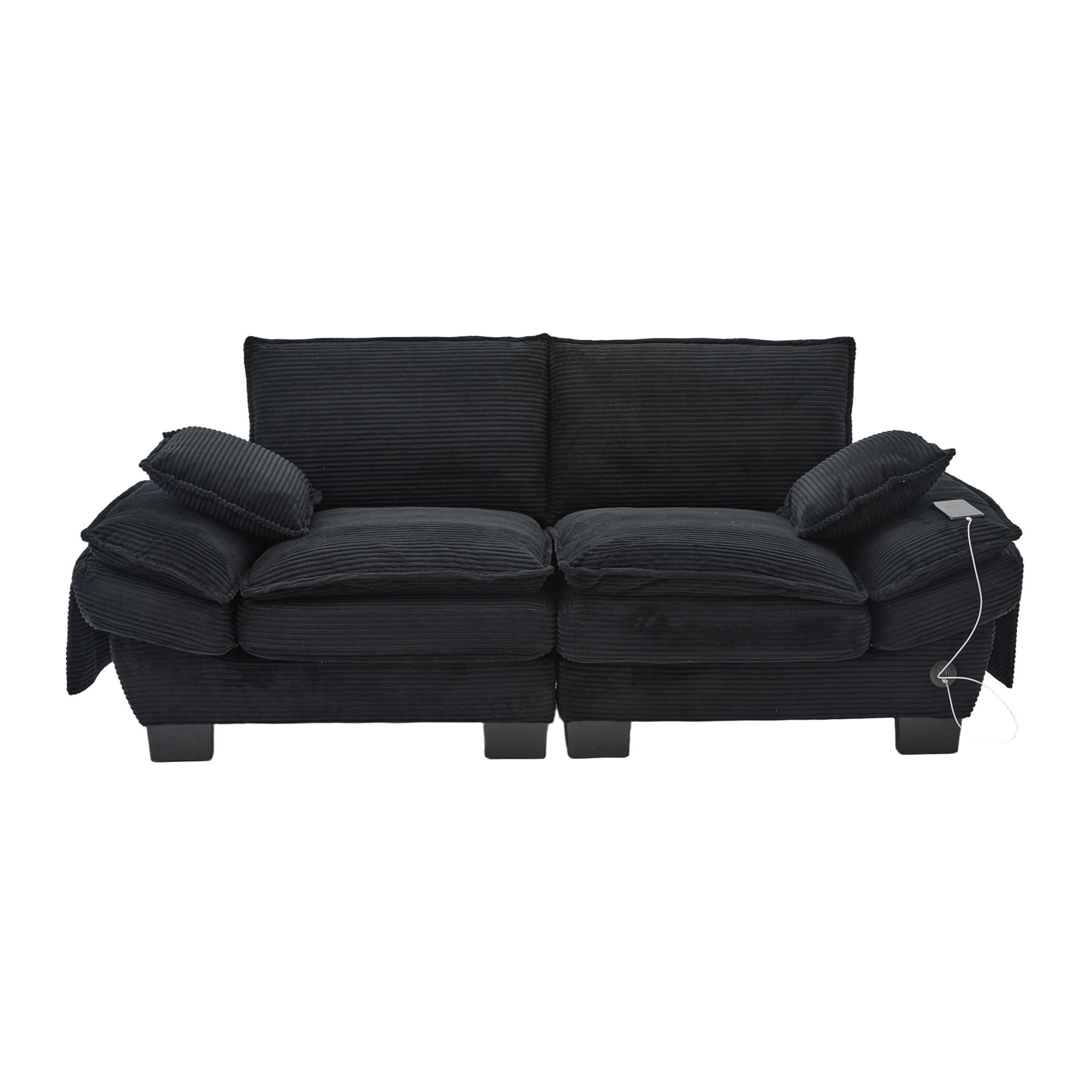 2-SITZER SOFA Cord Schwarz mit USB-C und Seitentaschen - Schwarz, Holzwerkstoff/Kunststoff (190/84/73cm) - WISHDOR