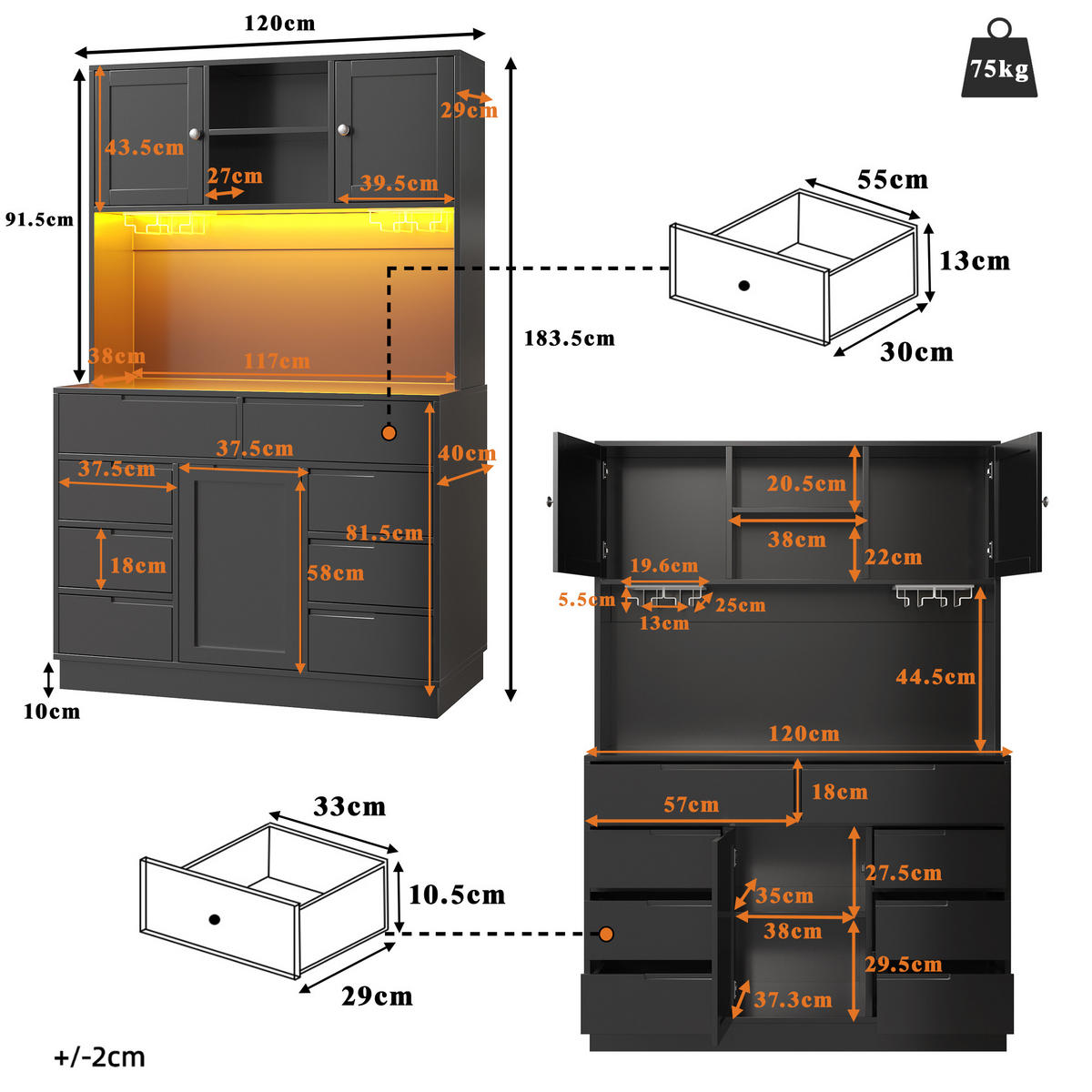 BUFFETSCHRANK Schwarz 120/40/183.5 cm - Schwarz, Holz (120/183.5/40cm) - PANGIVO