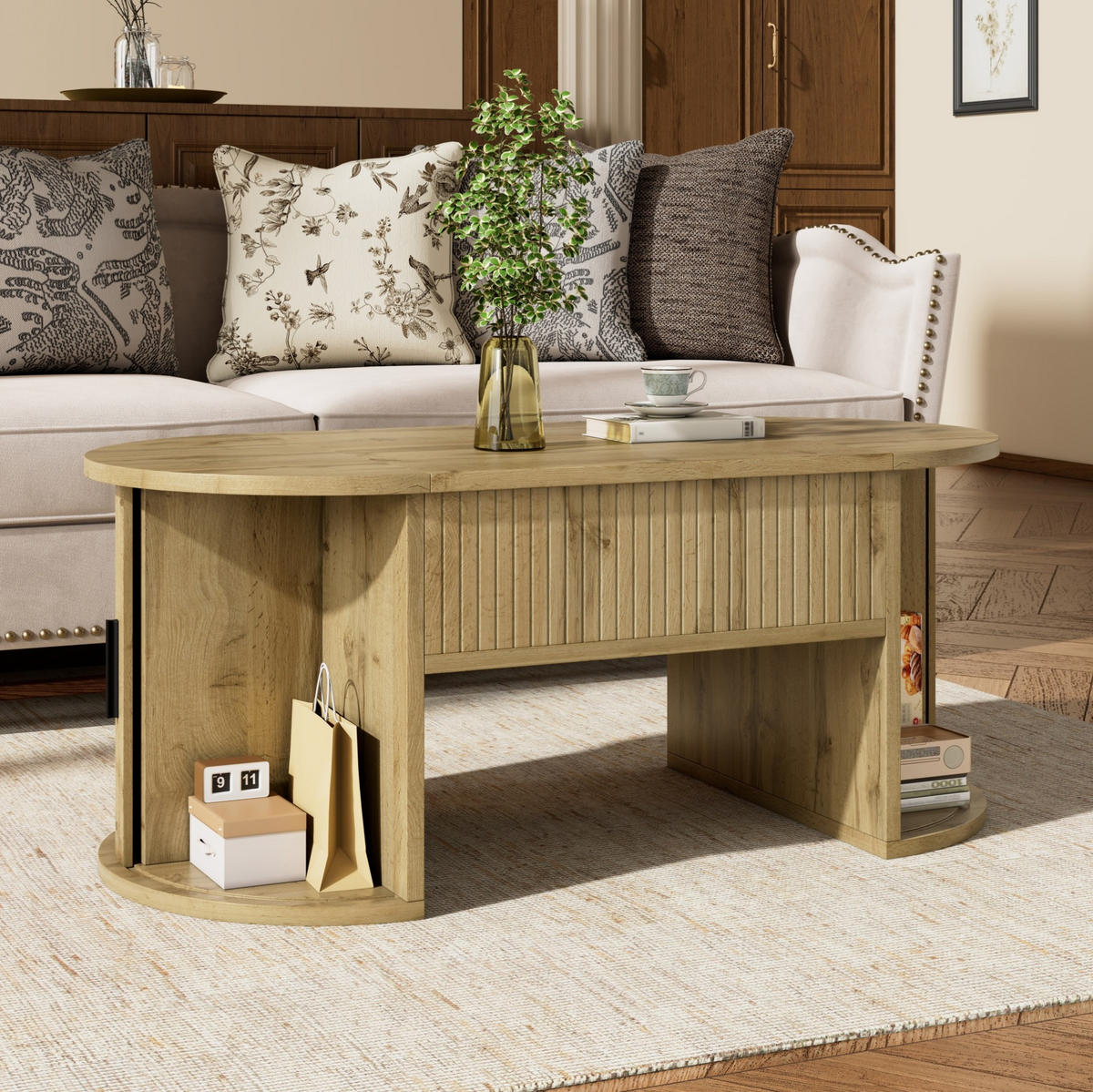 COUCHTISCH 100/50/40,5 cm höhenverstellbar mit Schiebetüren und Stauraum - Eichefarben, Holzwerkstoff (100/50/40.5cm) - Flora Grace