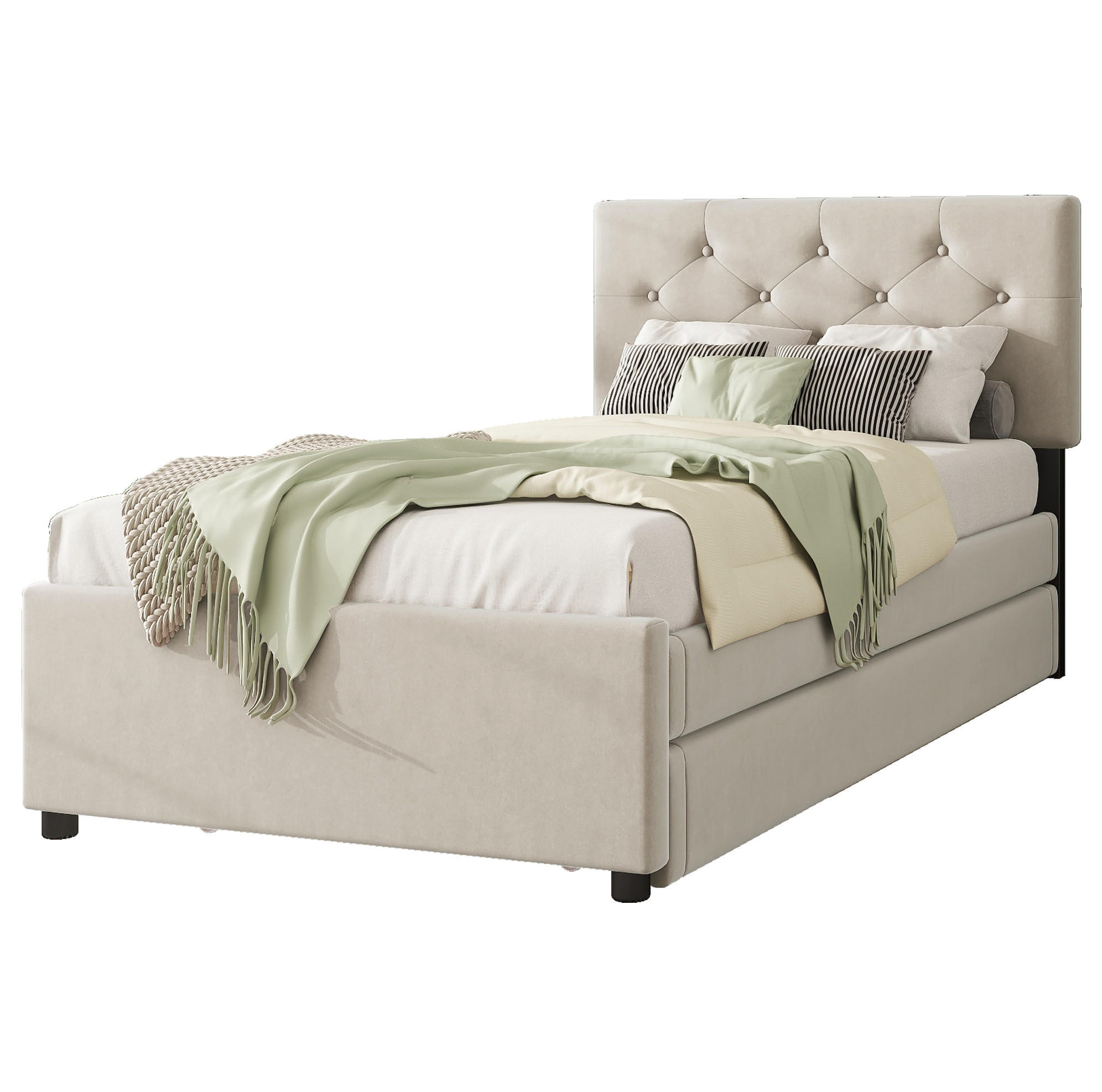 SAMT-POLSTERBETT 90/200 cm mit Rollbett und gepolstertem Kopfteil - Beige, Textil (90/200cm) - BEAOK