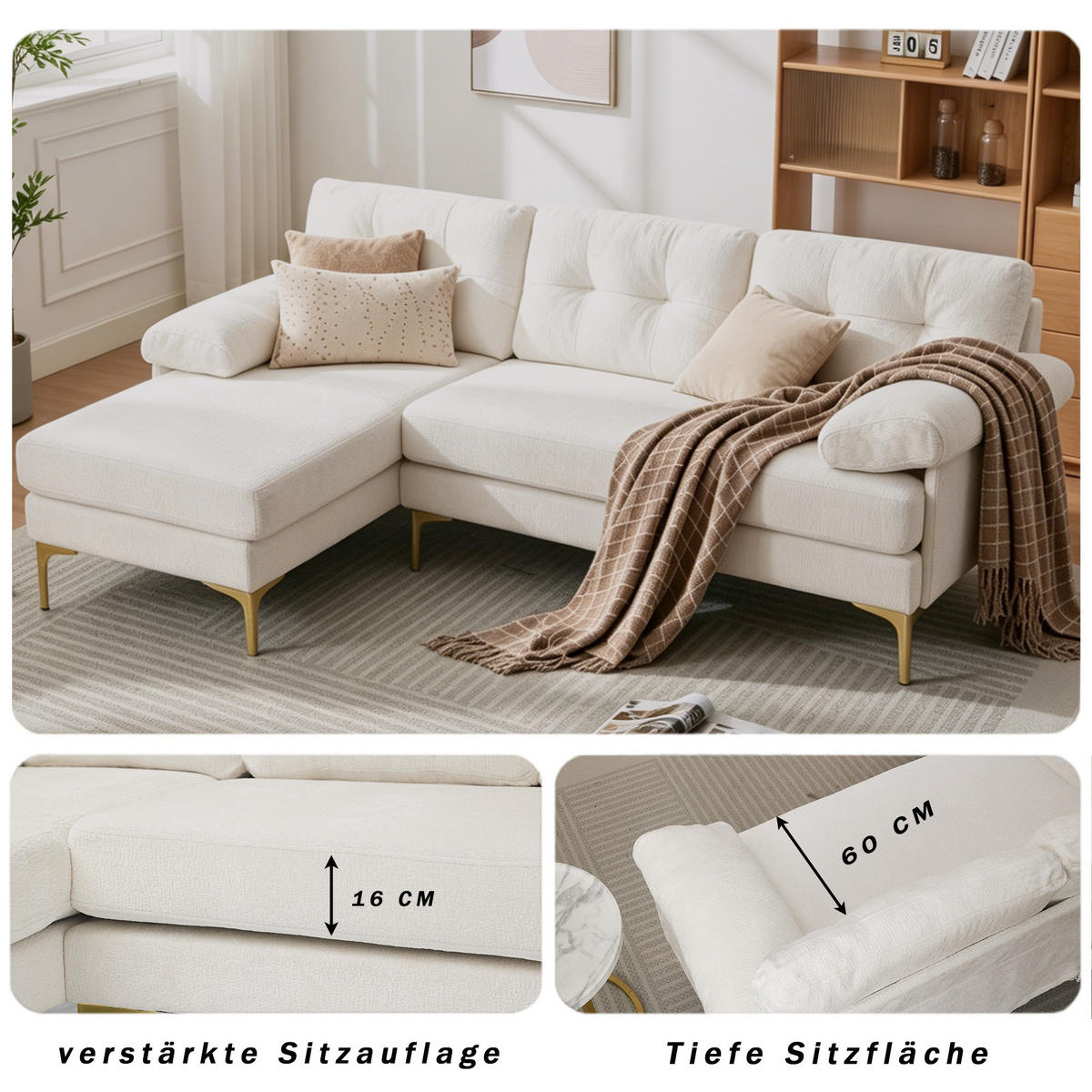 ECKSOFA 187.5/130/79 cm Beige mit 3 Sitzkissen und Stuhlbeine aus Metall - Beige, Textil (130/79/187.5cm) - Oxeza