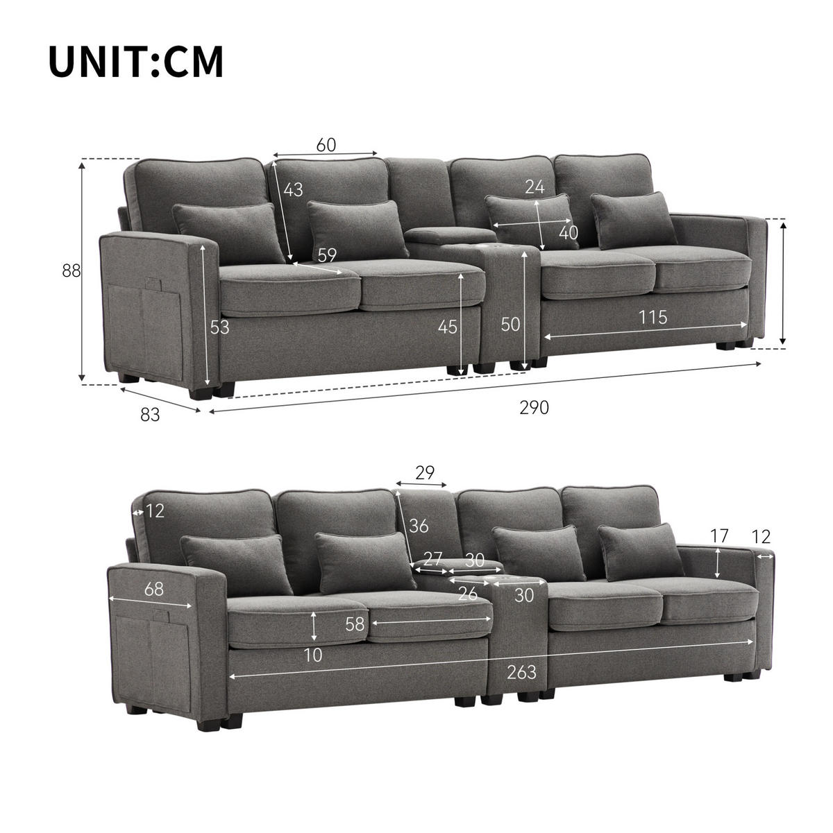 4-SITZER Sofa 290/83/88 cm Dunkelgrau aus Leinen mit USB-Anschluss und Getränkehaltern - Dunkelgrau, Textil (83/88/290cm) - OKMYHOME