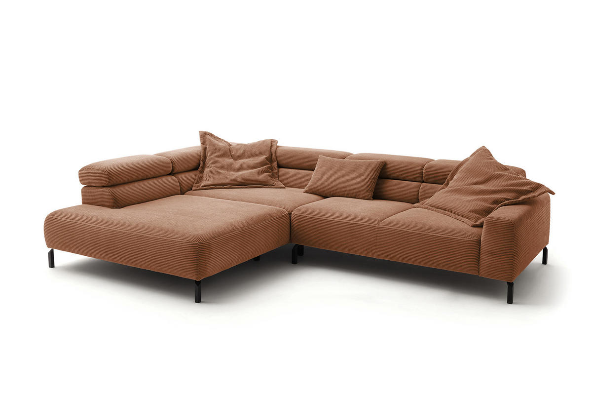 ECKSOFA DELIA Braun Cord - Dunkelbraun/Schwarz, Textil/Metall (312/219cm) - KAWOLA