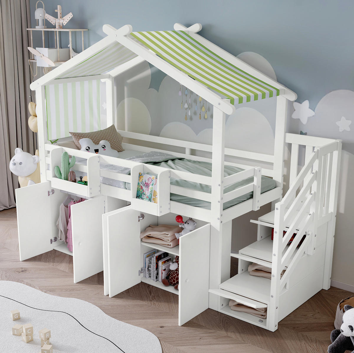 HAUSBETT 90/200 cm in Weiß/Grün mit Stauraum und Treppe - Weiß, Holz (90/200cm) - BEAOK