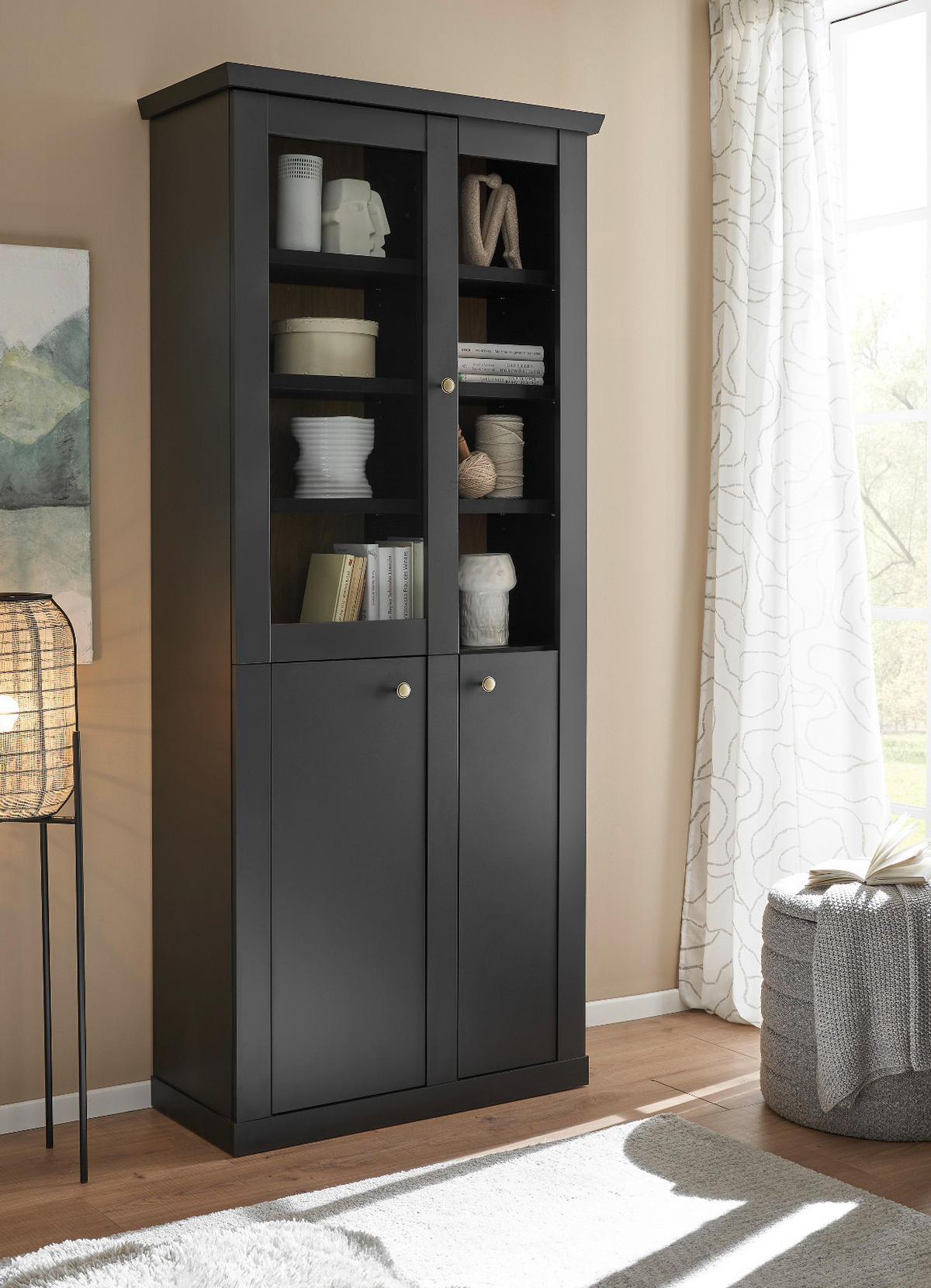 VITRINE schwarz matt, Eiche 86 cm, Vitrinenschrak Landhaus mit Soft-Close - Eichefarben/Messingfarben, Glas/Holzwerkstoff (86/200/39cm) - Furn.Design