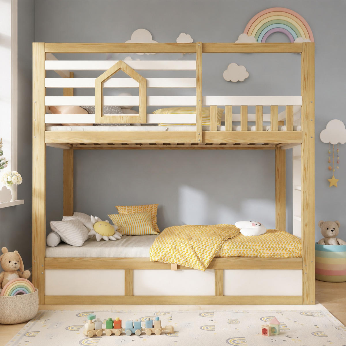 ETAGENBETT 90/200 mit 2 Liegeflächen, Sicherheitsgeländer und Stauraum in Weiß/Naturholz - Weiß/Naturfarben, Holzwerkstoff (90/200cm) - EVRYAE