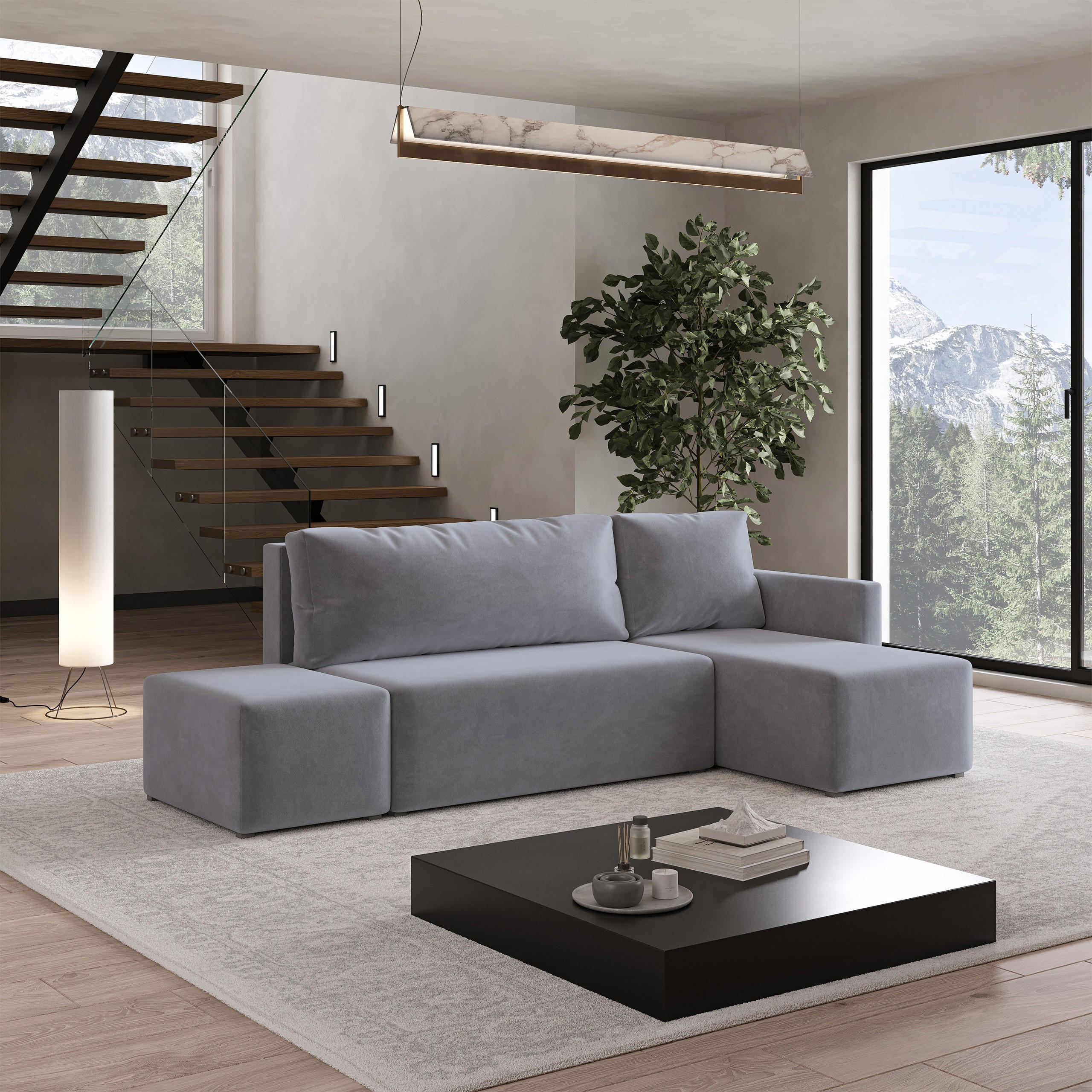 ECKSOFA VELOTTI R-S Grau Plüsch-Stoff mit Schlaffunktion - Grau, Holz (261/143cm) - MASSENO