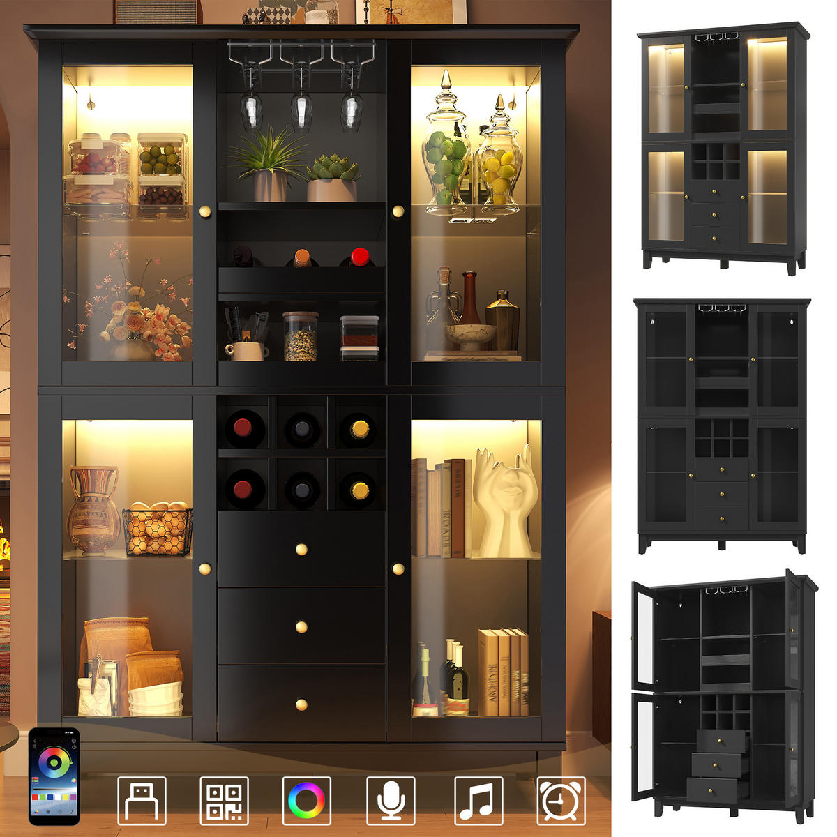 BUFFET Weinschrank mit LED-Steuerung, Glasböden & Kippsicherung Groß Holzwerkstoff - Schwarz, Glas/Holzwerkstoff (120/180.5/40cm) - EVRYAE