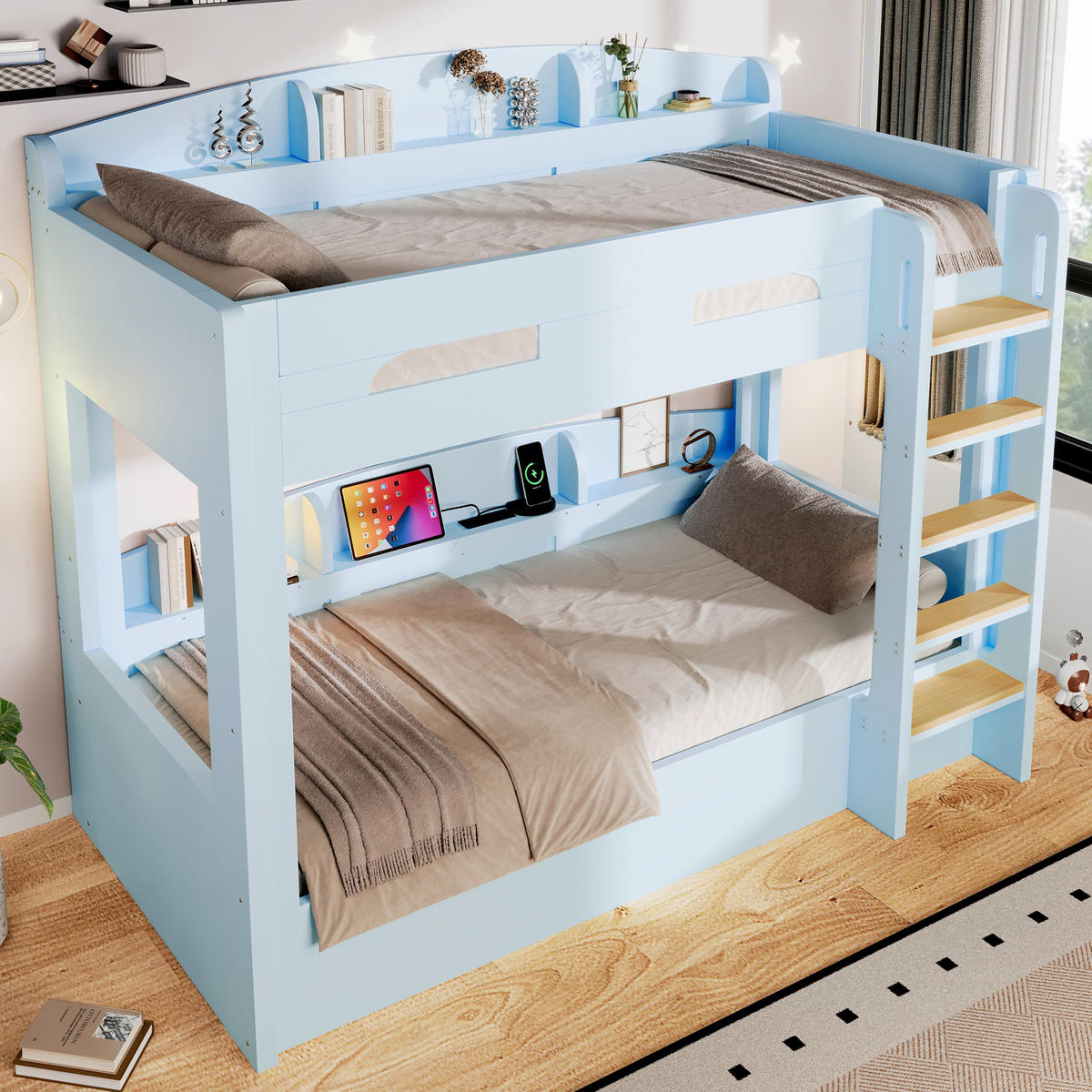 HOCHBETT 90/200 cm in Hellblau mit USB-Steckdose und Ablagefächern aus Holz und MDF - Hellblau, Holzwerkstoff (90/200cm) - STILVORA