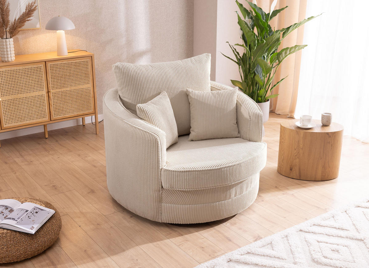 DREHSESSEL Ted aus Beige Cord-Stoff - Beige/Schwarz, Holz/Textil (107/94/100cm) - S-Style Möbel