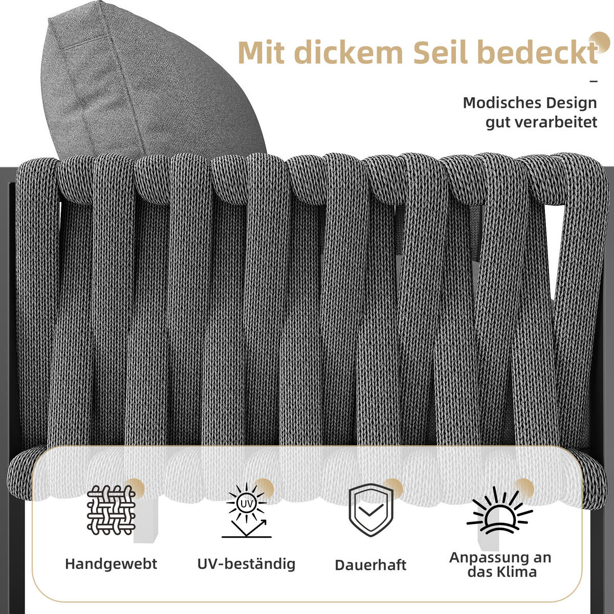 GARTENSET Seil Eckgrau Mit Verstellbaren Füßen & Glastisch - Grau, Metall - FLIEKS