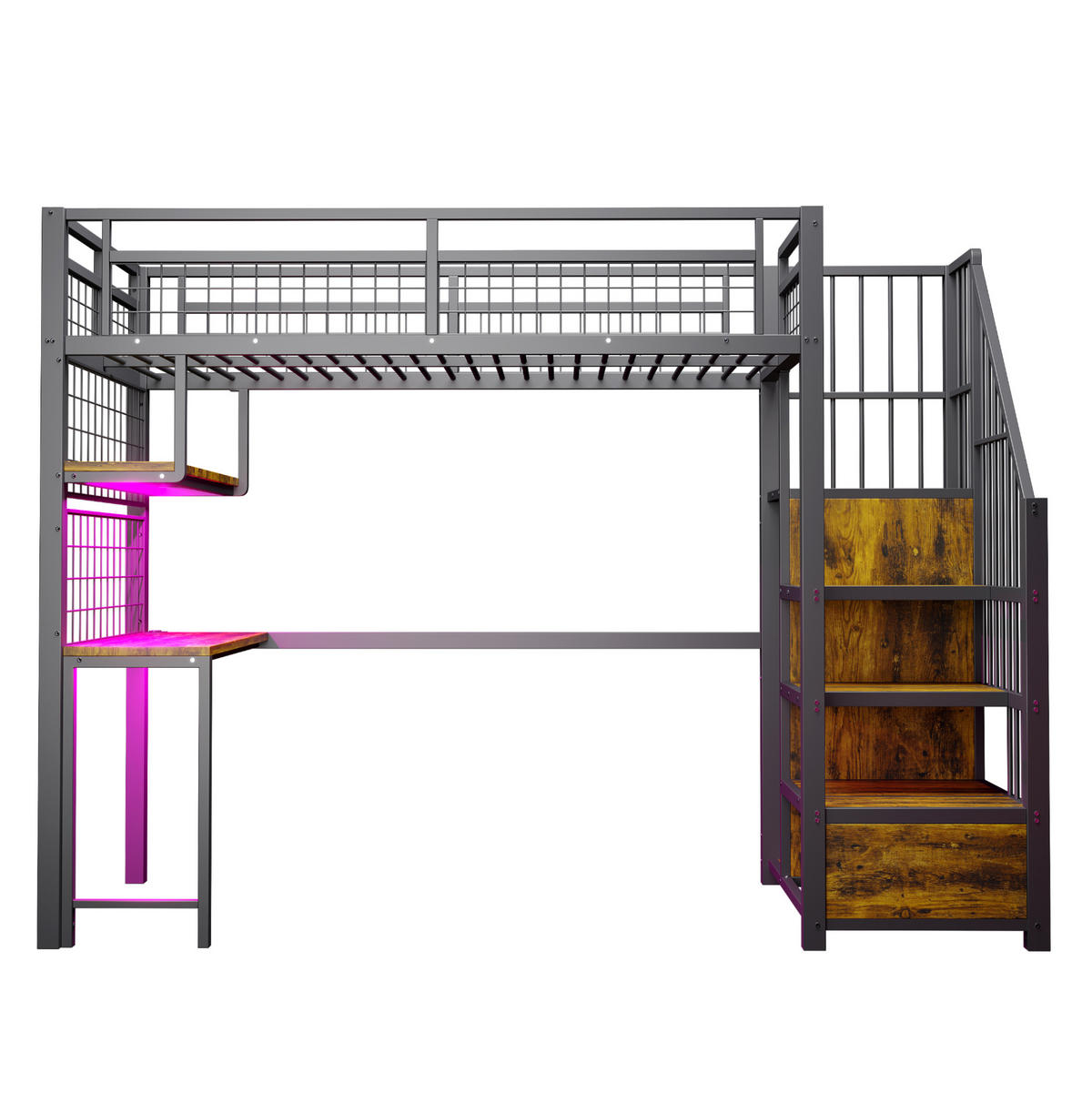 HOCHBETT 90/200 cm mit Schreibtisch, Lichtleiste, Steckdosen, Stauraumtreppe und Kleiderschrank, Metall, Schwarz - Schwarz, Metall (90/200cm) - Redom