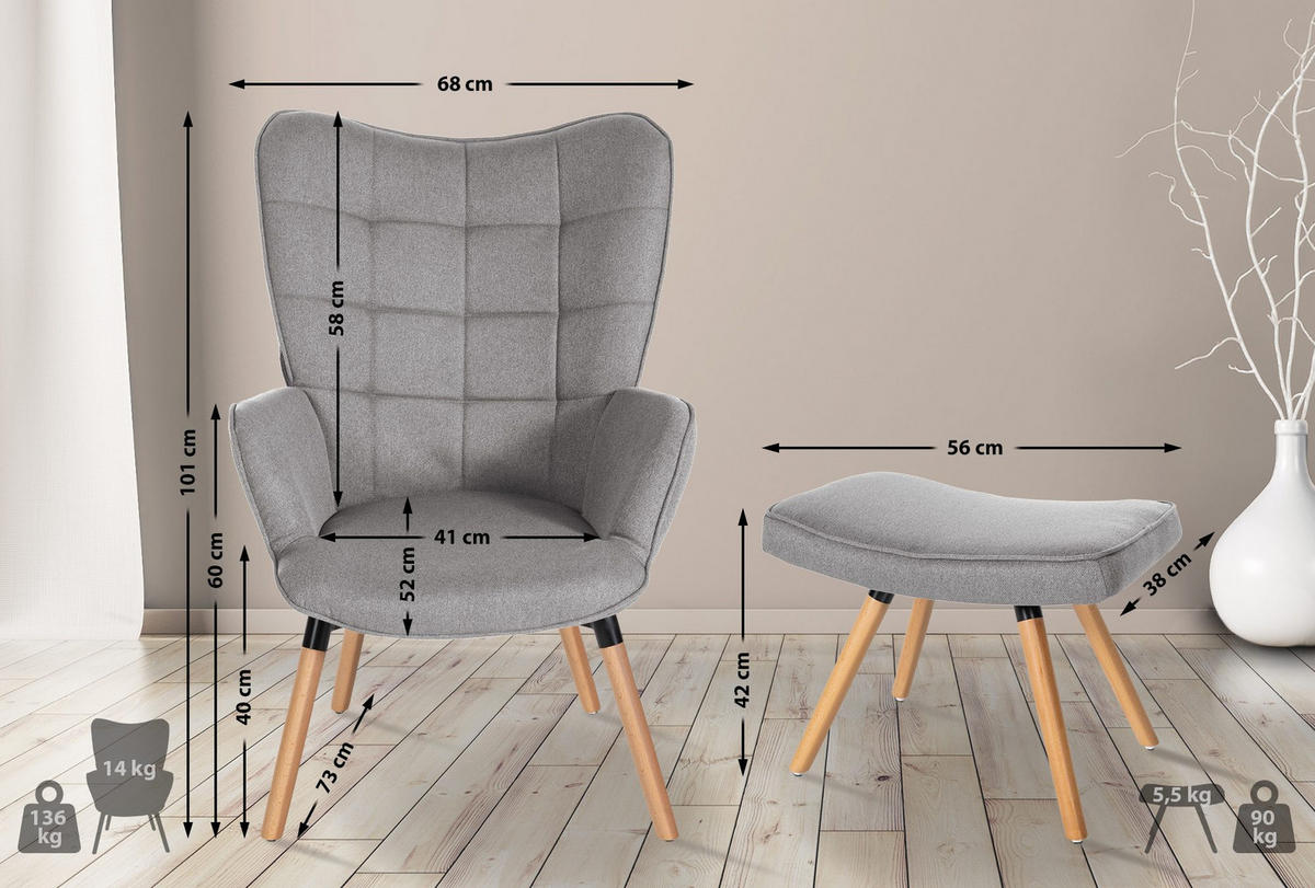 SESSEL MIT HOCKER Stoff Grau - Eukalyptusholzfarben/Grau, Holz/Textil (68/101/111cm) - CLP