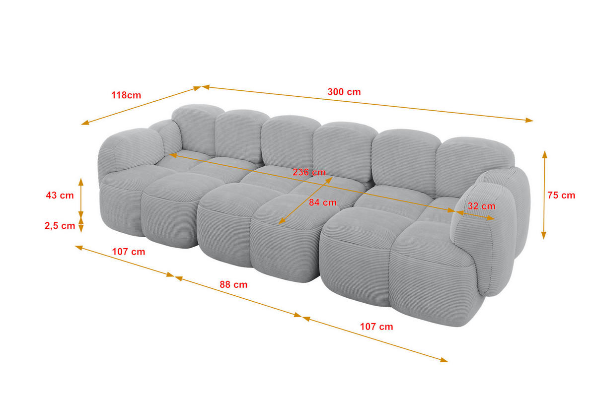 3-SITZER modulares Sofa Miko-S2 300x118x75 cm Grau Cord - Anthrazit/Schwarz, Holzwerkstoff/Kunststoff (300/75/118cm) - ALTDECOR