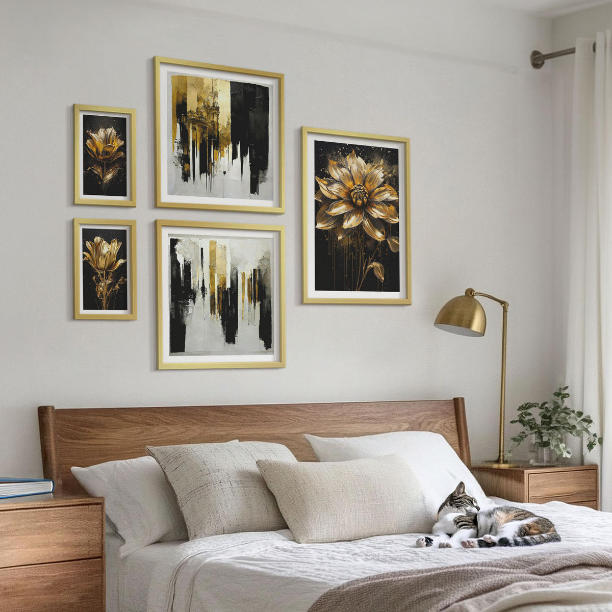 BILDER SET 5er Set - 50x50 cm & 20x30 cm & 40x60 cm Goldrahmen - Blumenbrücke – Lebensinspiration - Goldfarben, Kunststoff (40/60cm) - TULUP