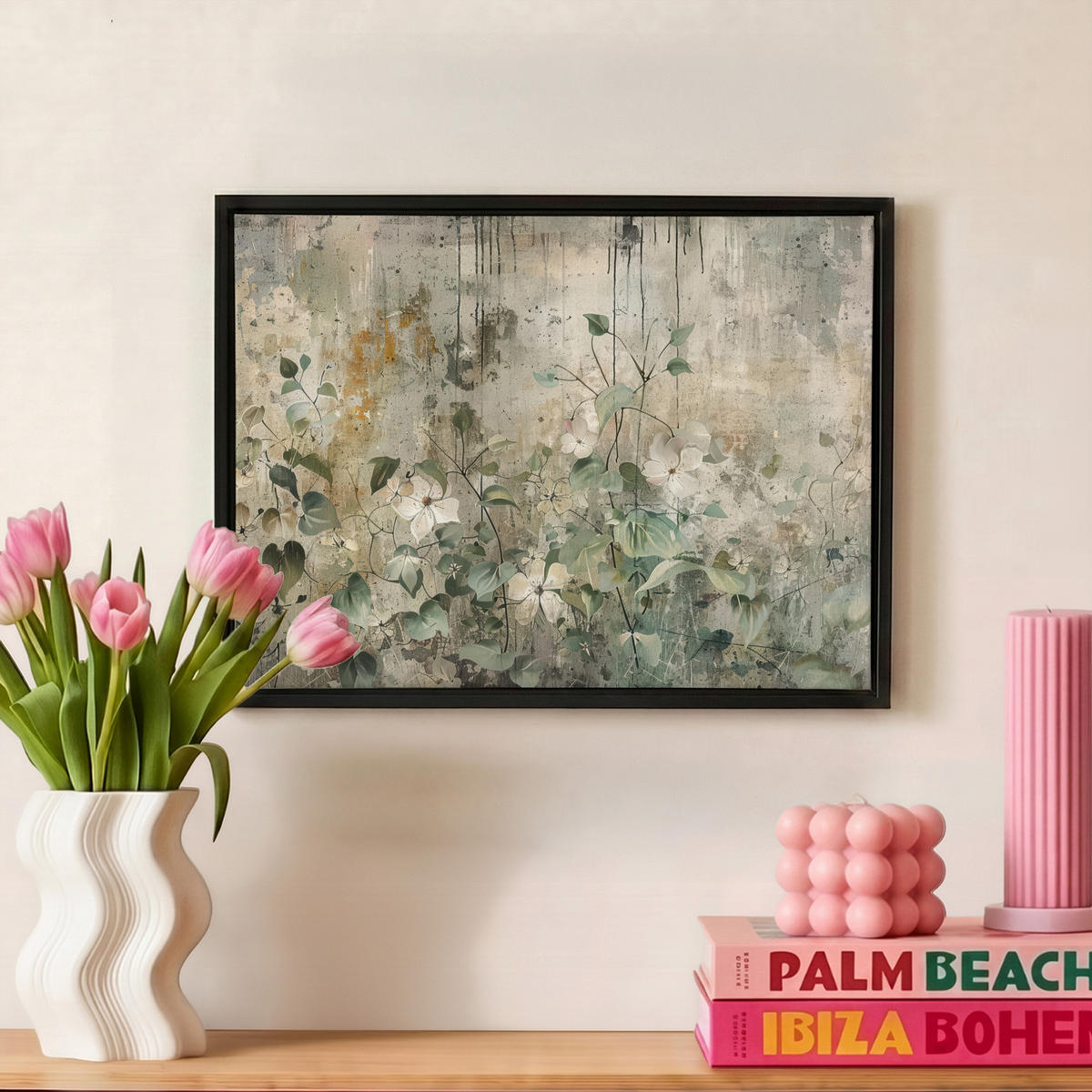 LEINWAND Bilder mit Rahmen - Blumen - Blätter - Abstrakt - Modern - 40x30 - Grau, Textil (40/30cm) - MuchoWow