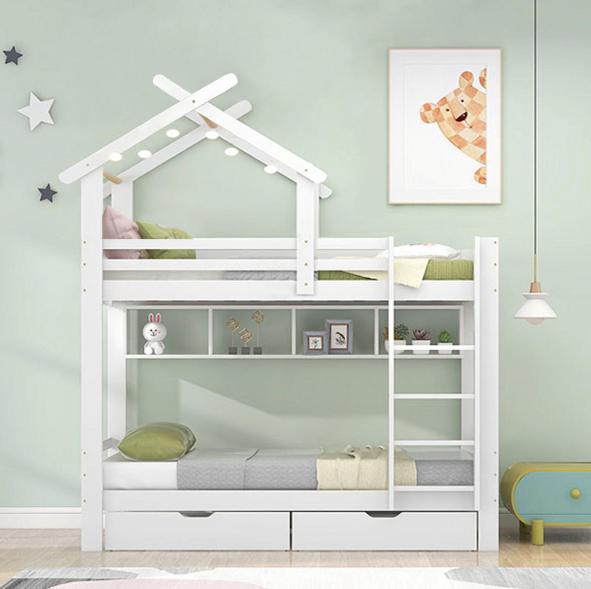 ETAGENBETT 90/200 cm Weiß mit Schubladen und Regalen aus Kiefernholz - Weiß, Holzwerkstoff (90/200cm) - OKWISH