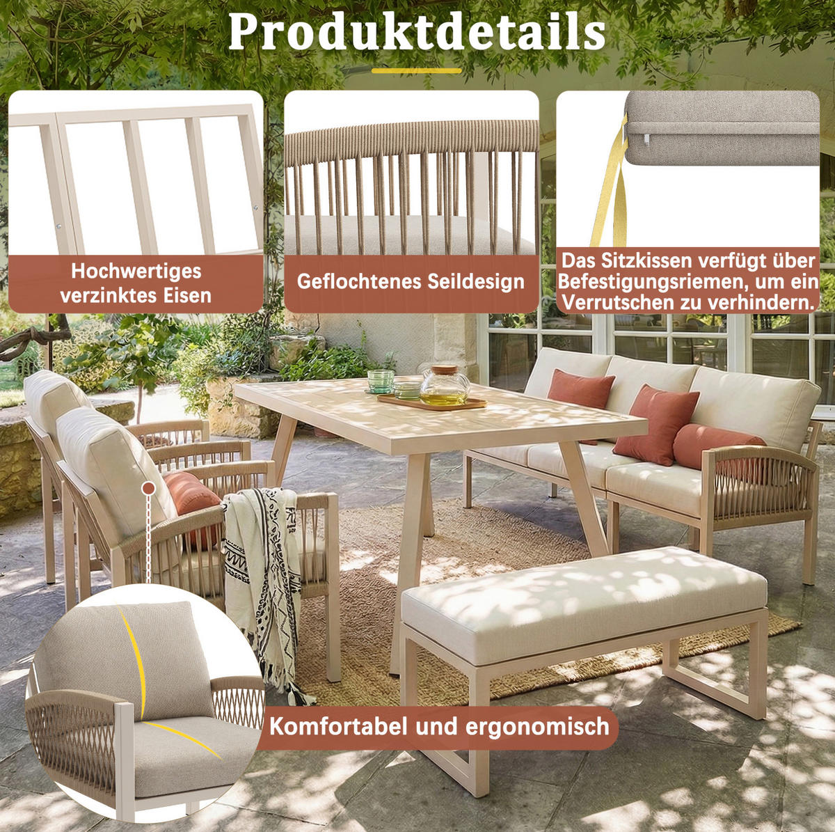 GARTEN-LOUNGE-SET für 7 Personen mit Stahlrahmen & Coffeetable Glas in Holzoptik, 173,5/65/62,5 cm, Beige - Beige, Metall - Redom