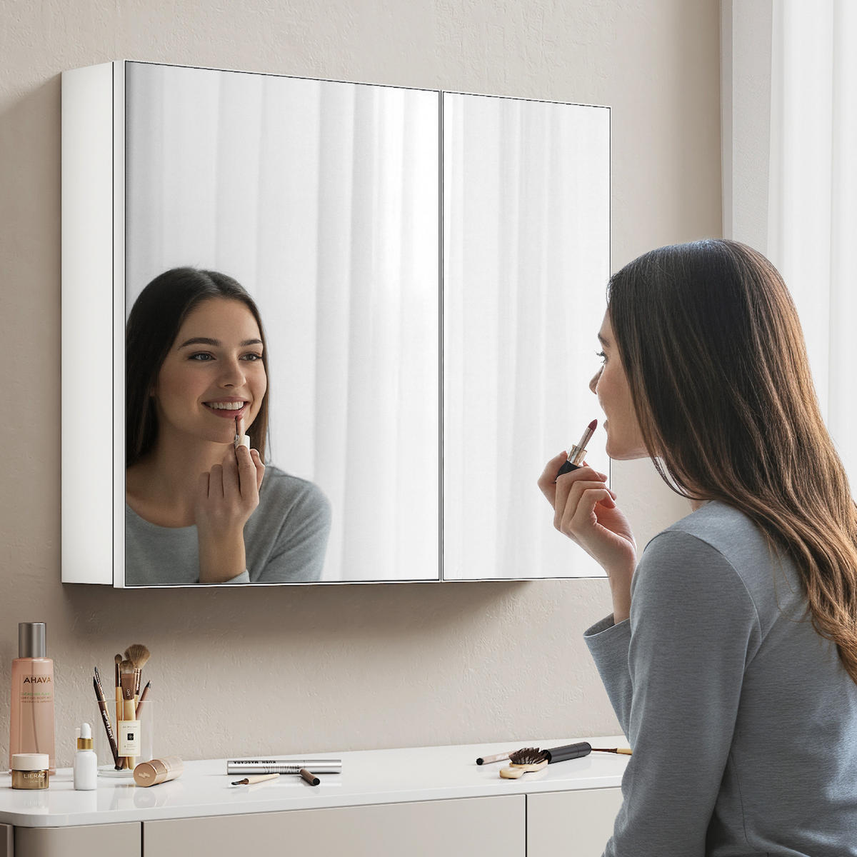 SPIEGELSCHRANK doppeltürig mattweiß 65/80/14,5 cm - Weiß, Glas (80/65/15cm) - EMKE