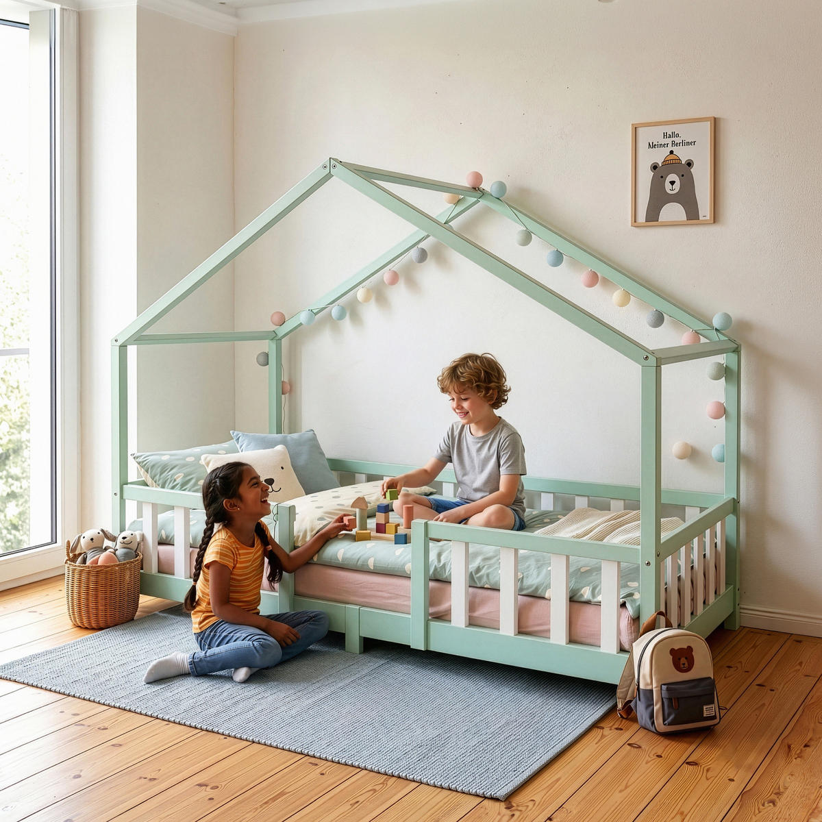 HAUSBETT Treviolo - Weiß/Mintgrün, Holz (90/200cm) - [en.casa]