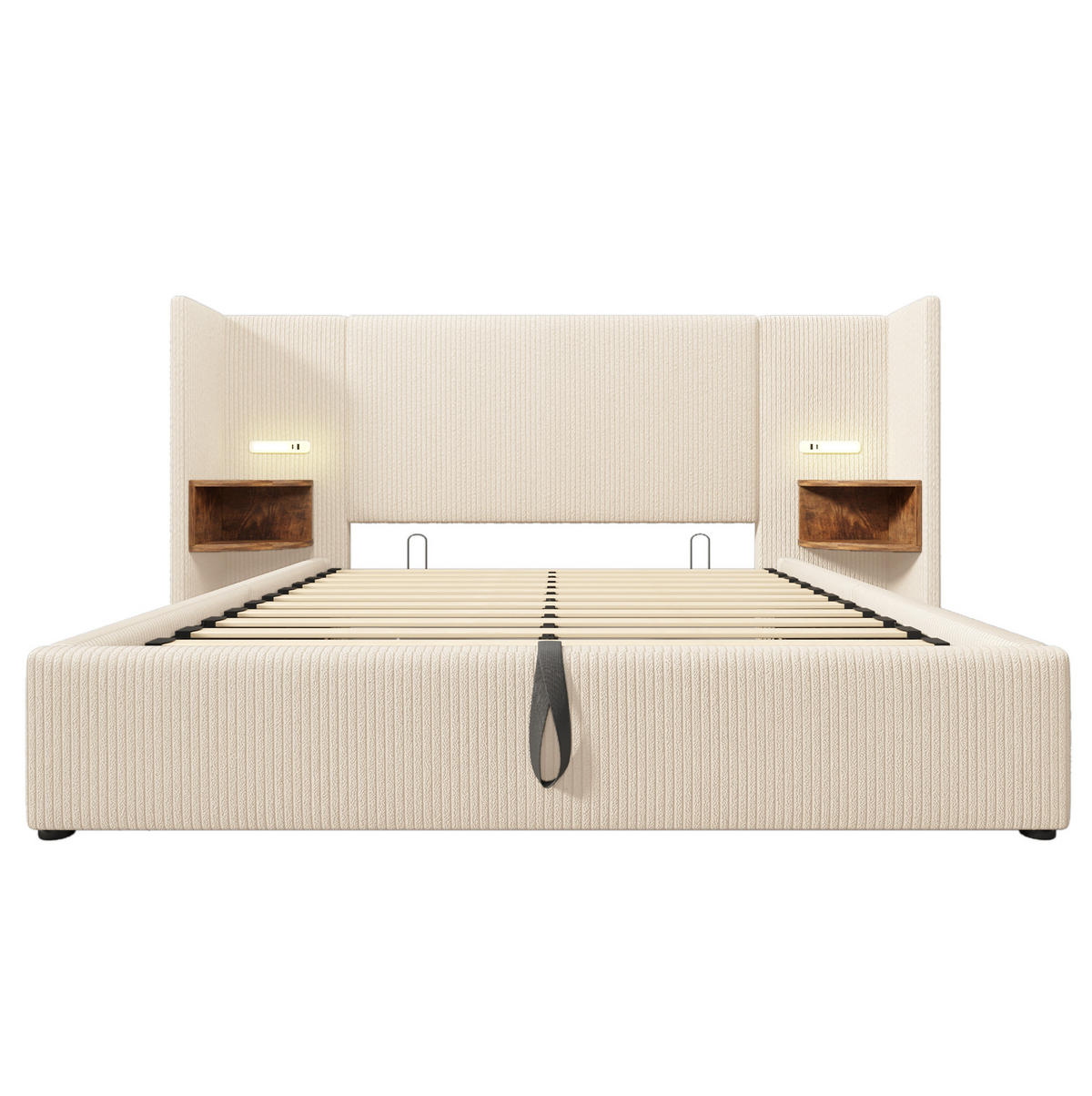 POLSTERBETT aus Cordstoff 160x200 cm Beige-Weiß mit Bettkasten, Leselampe und USB-/Type-C-Anschlüssen - Beige, Textil (160/200cm) - IVMEU