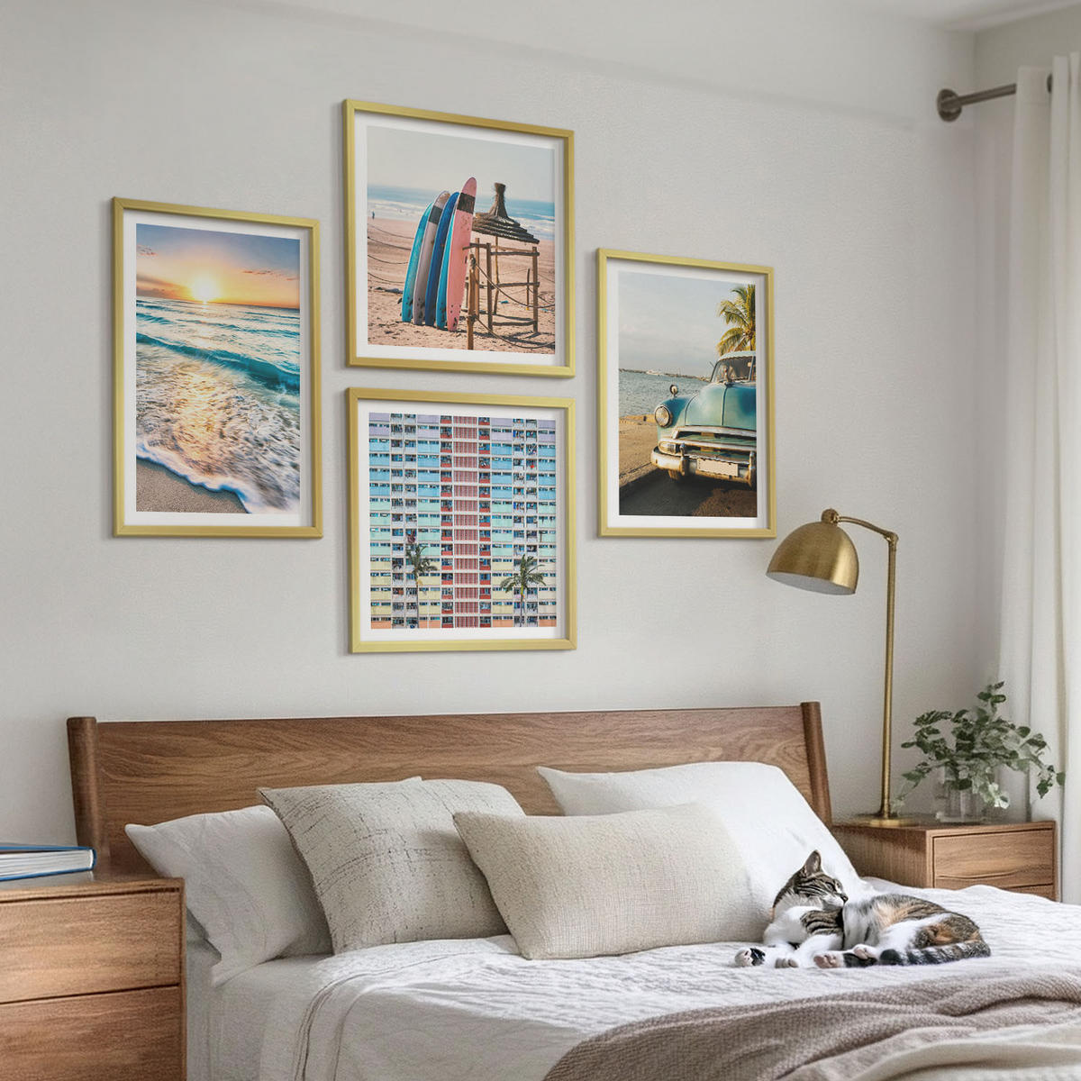 BILDER SET 4er Set - 50x50 cm & 40x60 cm Goldrahmen - Sonnenuntergang in Miami - Goldfarben, Kunststoff (50/50cm) - TULUP