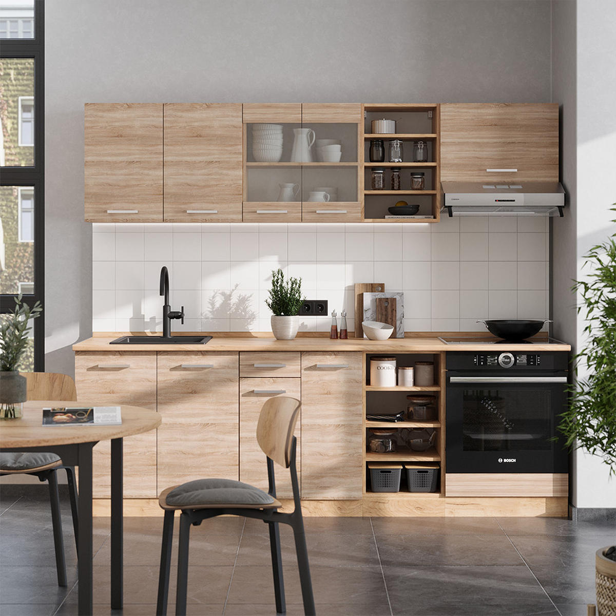 KÜCHENZEILE R-Line Sonoma/Goldkraft Eiche 240 cm ohne Arbeitsplatte - Eiche Wotan/Sonoma Eiche, Holzwerkstoff (240/81.6/46cm) - Vicco