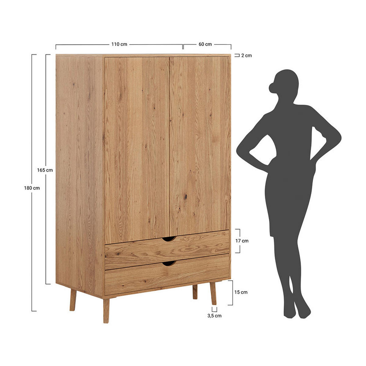 KLEIDERSCHRANK Simona Eiche Natur 110 / 60 / 180cm - Eichefarben, Holz (110/180/60cm) - Feldmann-Wohnen