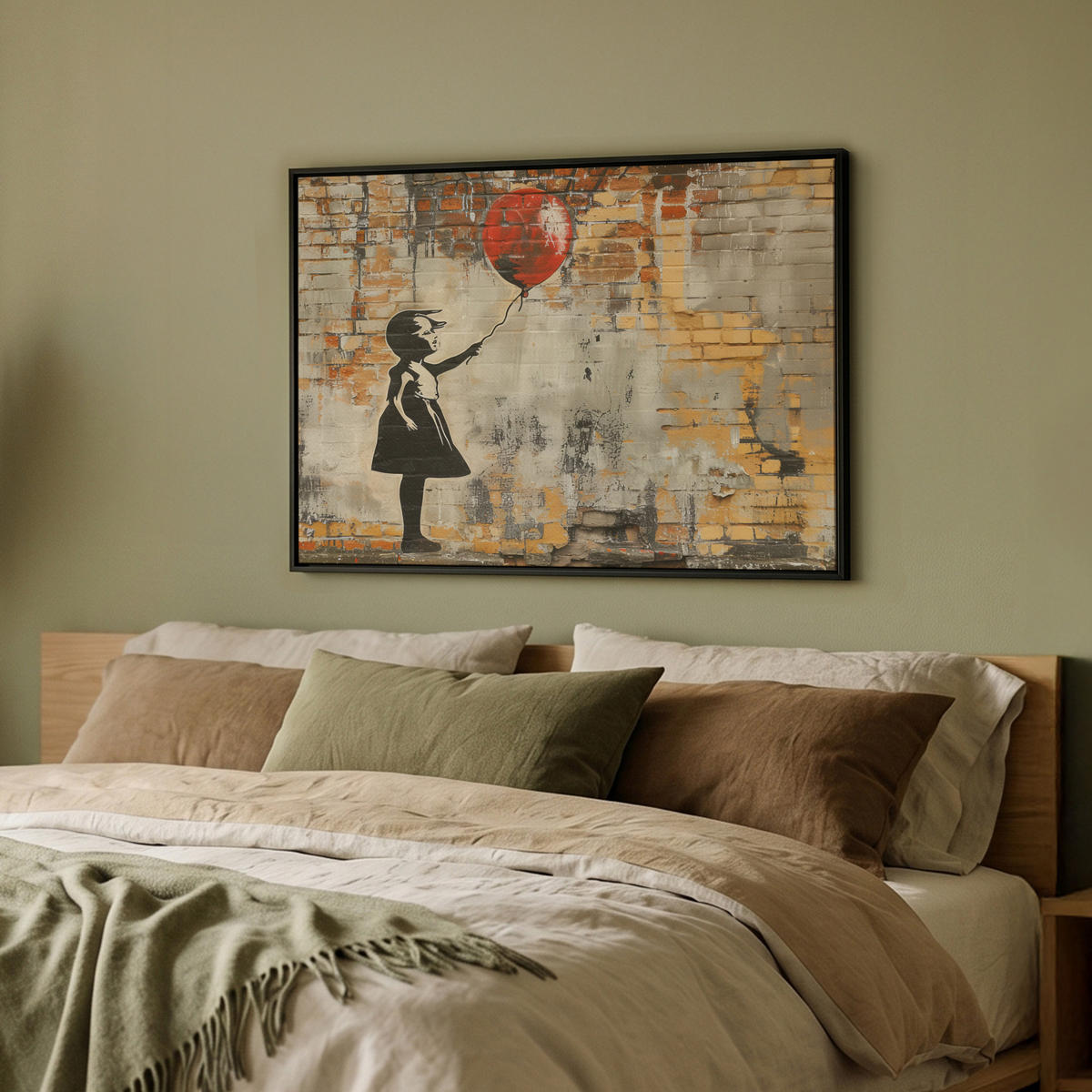 LEINWAND Bilder mit Rahmen - Graffiti - Banksy - Mädchen - Straßenkunst - 70x50 - Sandfarben, Textil (70/50cm) - MuchoWow
