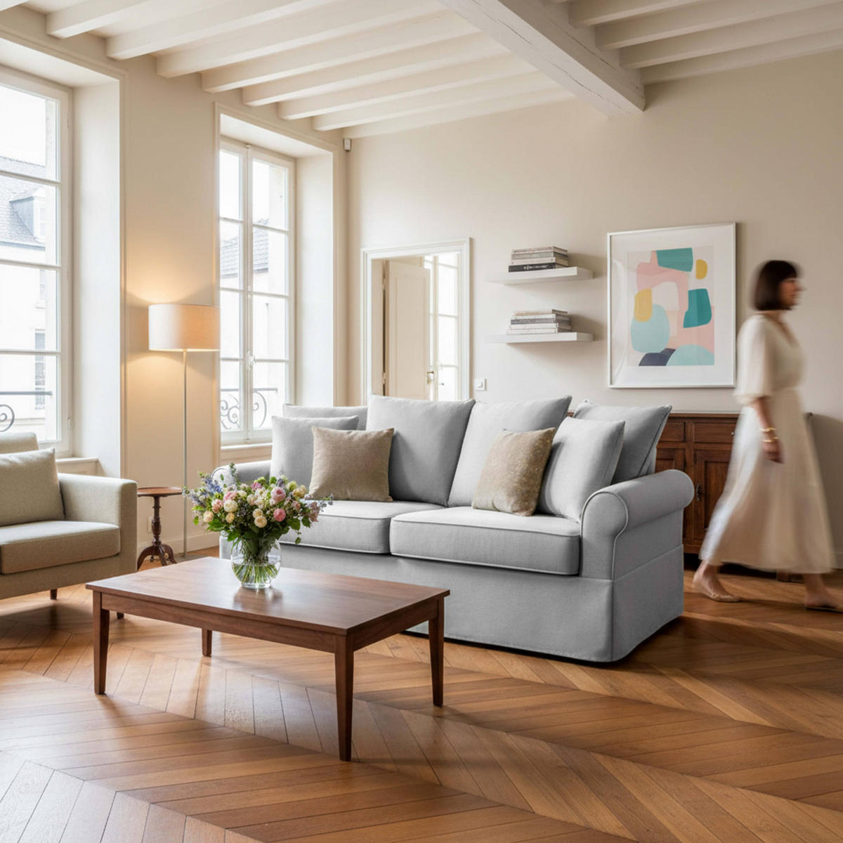 SOFA 3-Sitzer, Grün - Grau, Textil (200/92/84cm) - Oviala