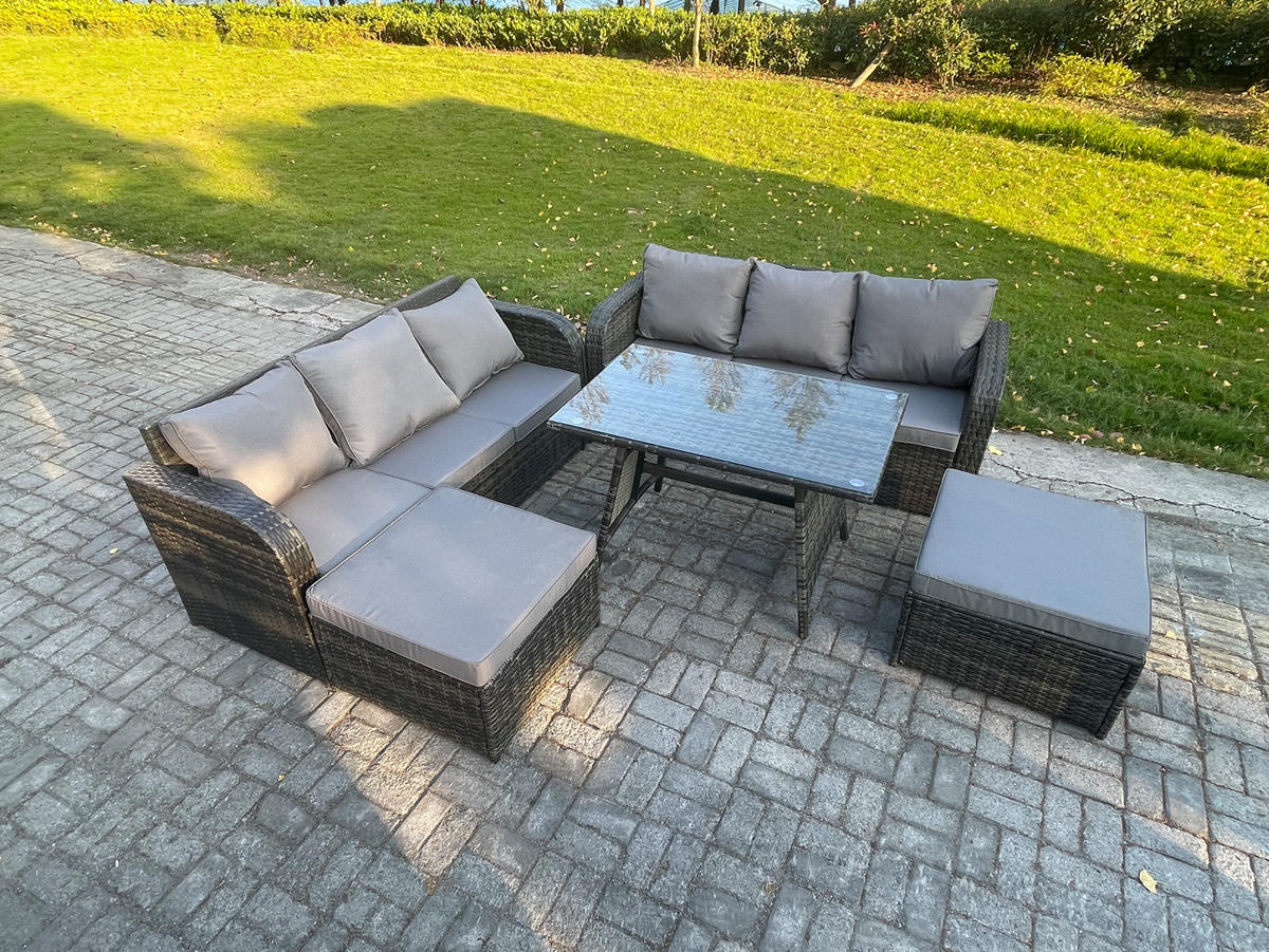 GARTENSET Hohe Rückenlehne Polyrattan 8-Sitzer - Dunkelgrau/Grau, Glas/Kunststoff - Fimous