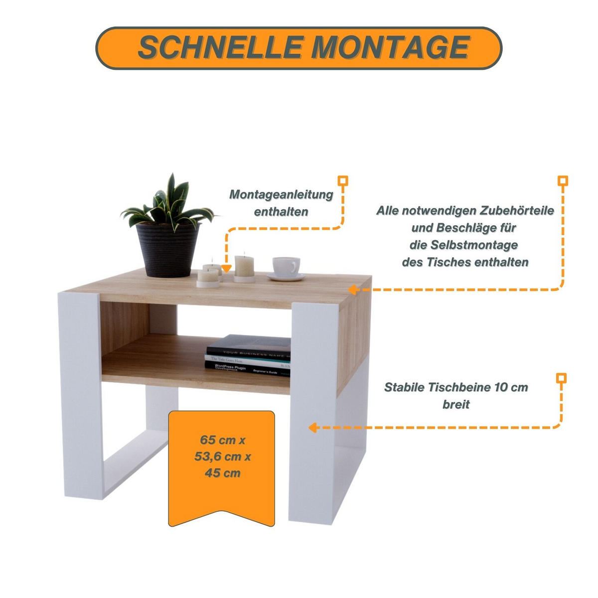 COUCHTISCH Holzwerkstoff rechteckig stabil Sonoma Eiche 45/53,6/65cm - Weiß/Sonoma Eiche, Holzwerkstoff (53.6/65/45cm) - CraftPAK