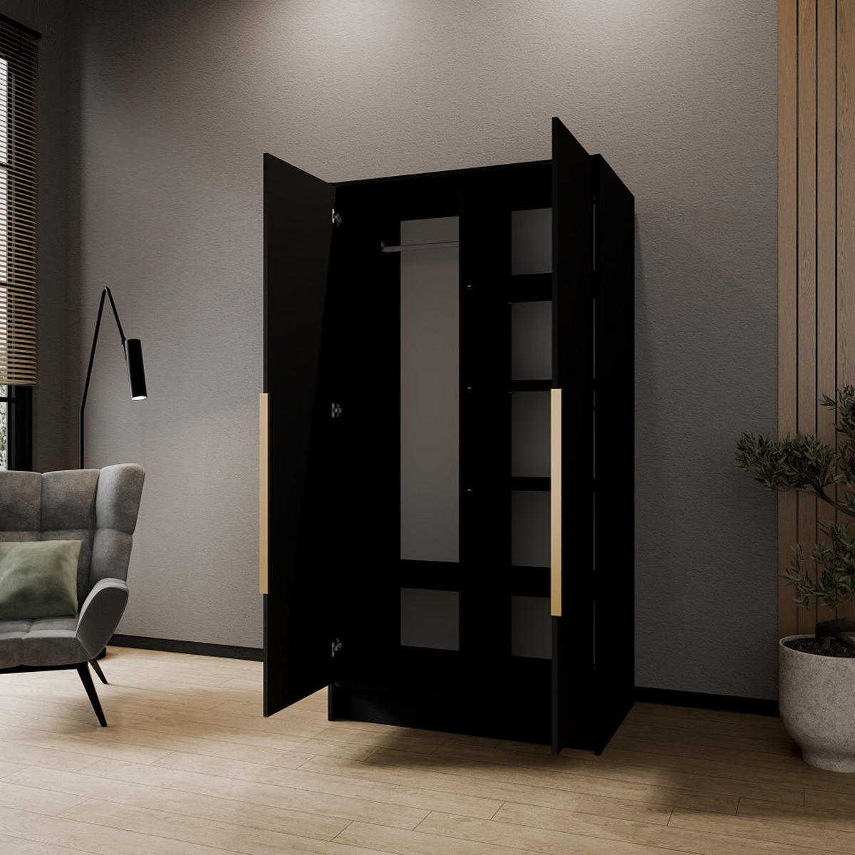 DREHTÜRENSCHRANK Pavia ohne Spiegel, Schwarz mit goldenen Griffen, 100 cm - Goldfarben/Schwarz, Holzwerkstoff (100/200/51cm) - Beautysofa