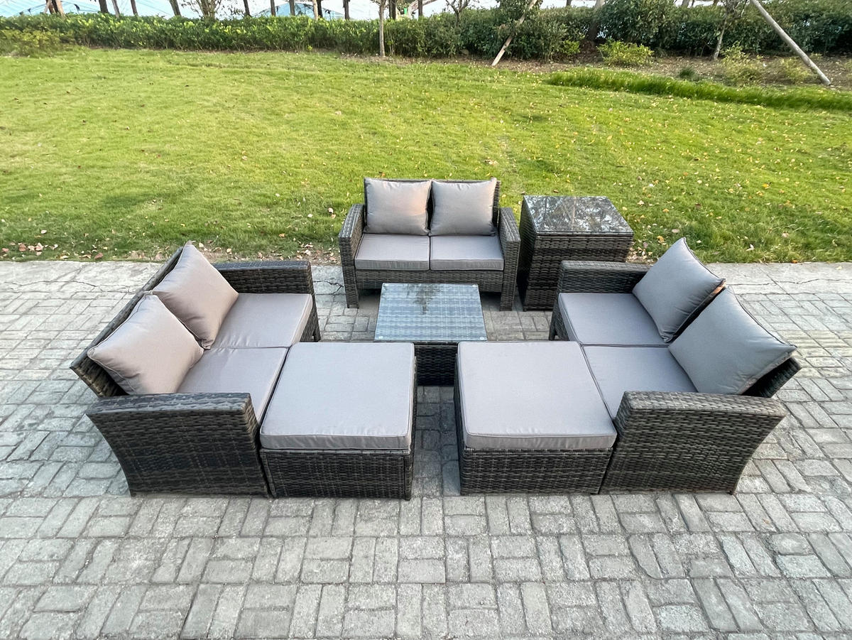 GARTENSOFA Hohe Rückenlehne Polyrattan Dunkelgrau 8-Sitzer - Dunkelgrau, Metall - Fimous