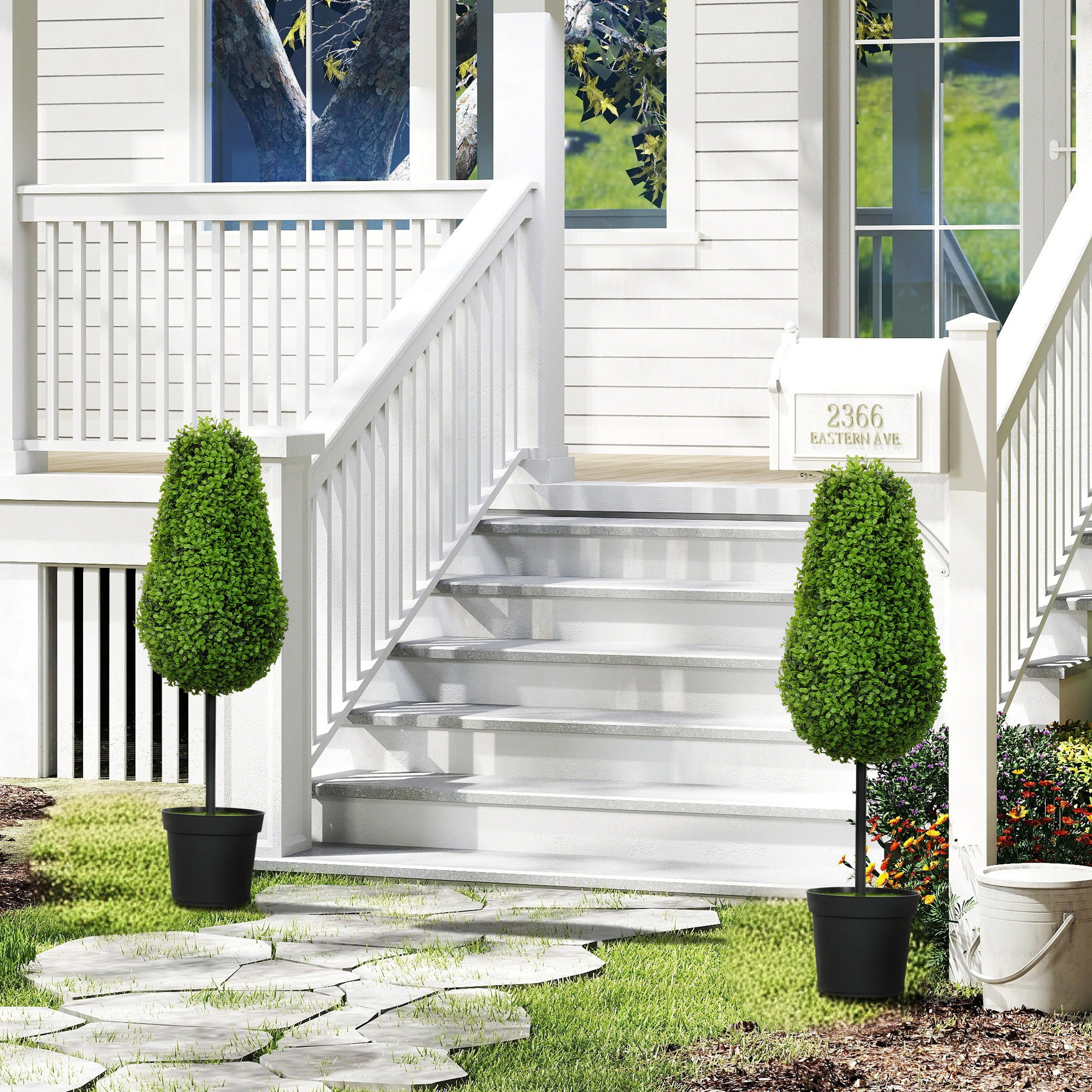 2ER Set Künstliche Buchsbaum 90cm Kunstpflanze in Tränenform Fake Plant wie echt - Schwarz/Grün, Kunststoff (90cm) - HOMCOM