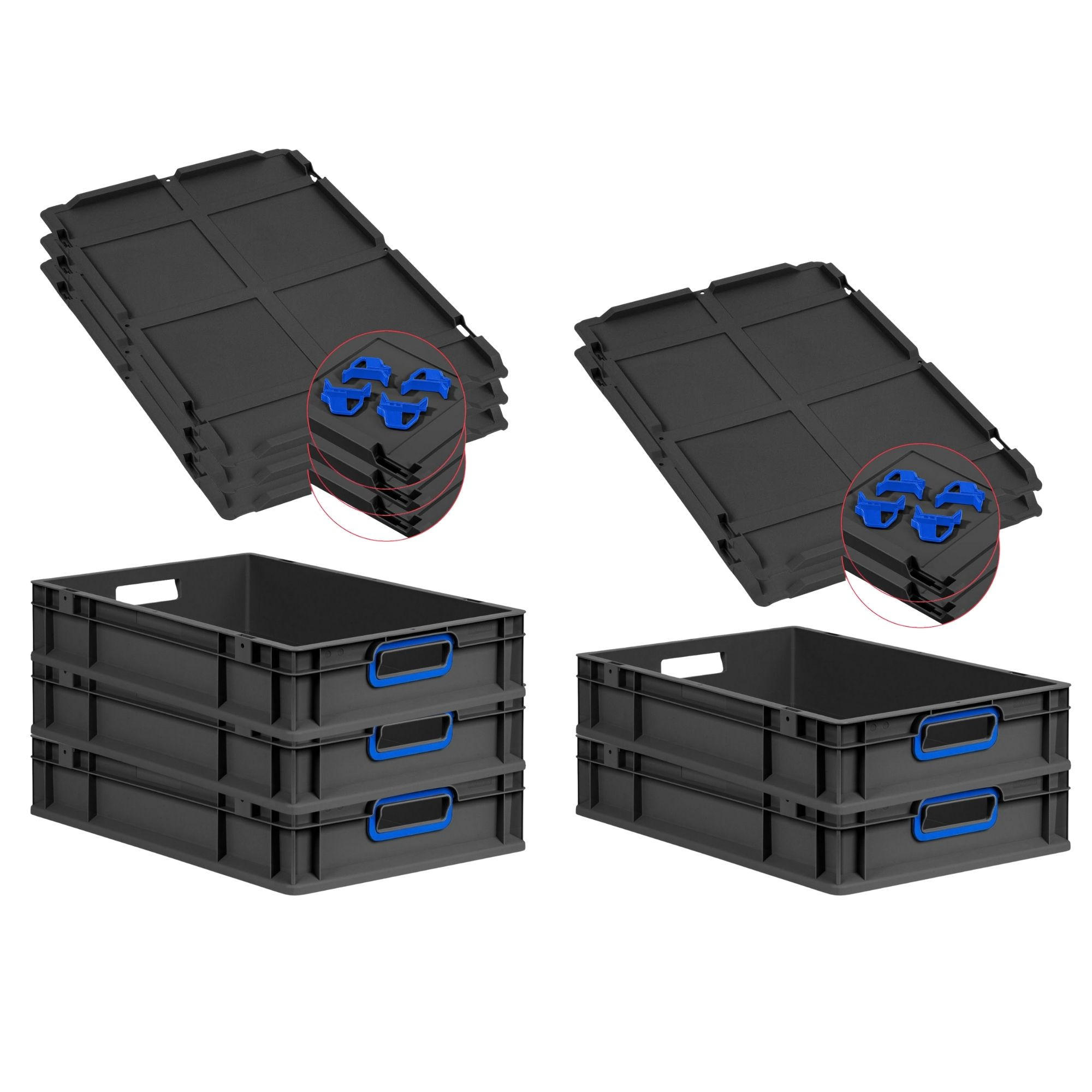 EUROBOX 5x NextGen Color mit Auflagedeckel 12x40x60 cm 23 Liter Schwarz Griffe blau offen - Blau/Schwarz, Kunststoff (40/12/60cm) - PROREGAL