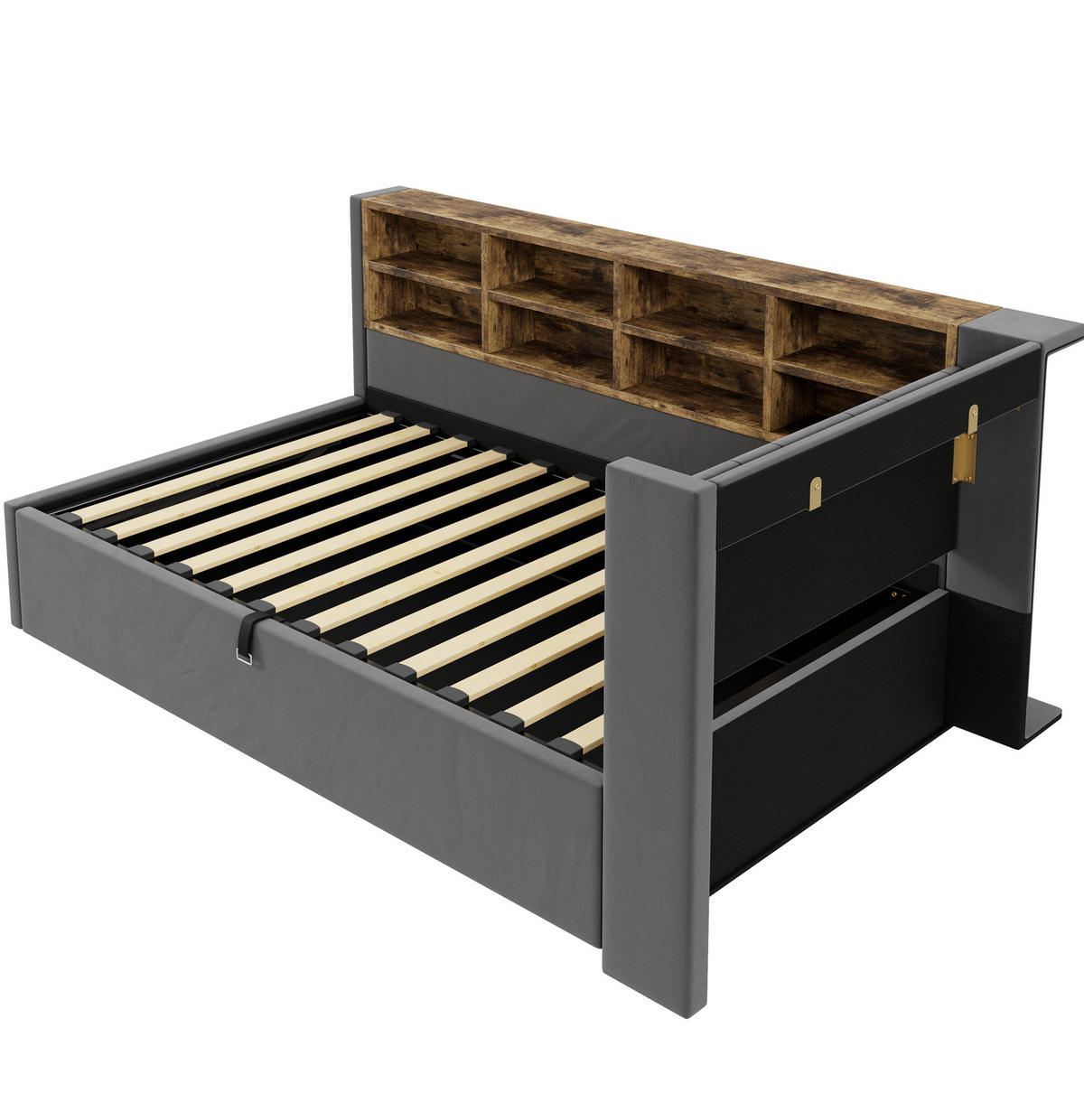 SAMT-POLSTERBETT 90/200 cm mit Bettkasten, USB-C und Nachtlicht - Dunkelgrau, Textil (90/200cm) - BEAOK